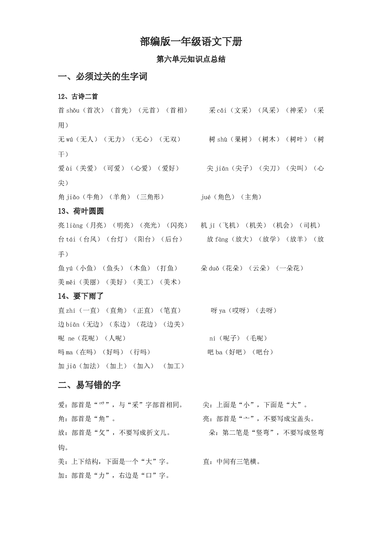 第六单元知识点总结+单元试卷 一年级语文下册 部编版.docx 第1页