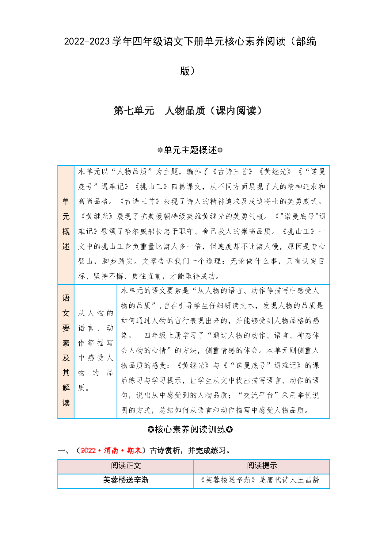 第七单元 人物品质（课内阅读）-2022-2023学年四年级语文下册单元核心素养阅读（部编版）.docx 第1页
