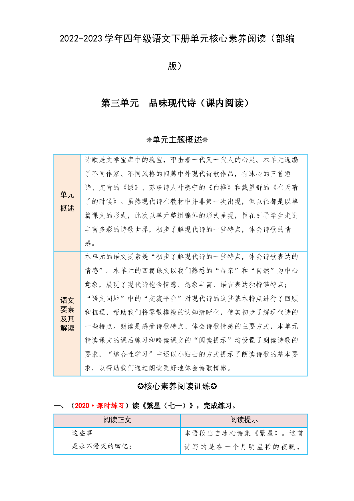 第三单元 品味现代诗（课内阅读）-2022-2023学年四年级语文下册单元核心素养阅读（部编版）.docx 第1页