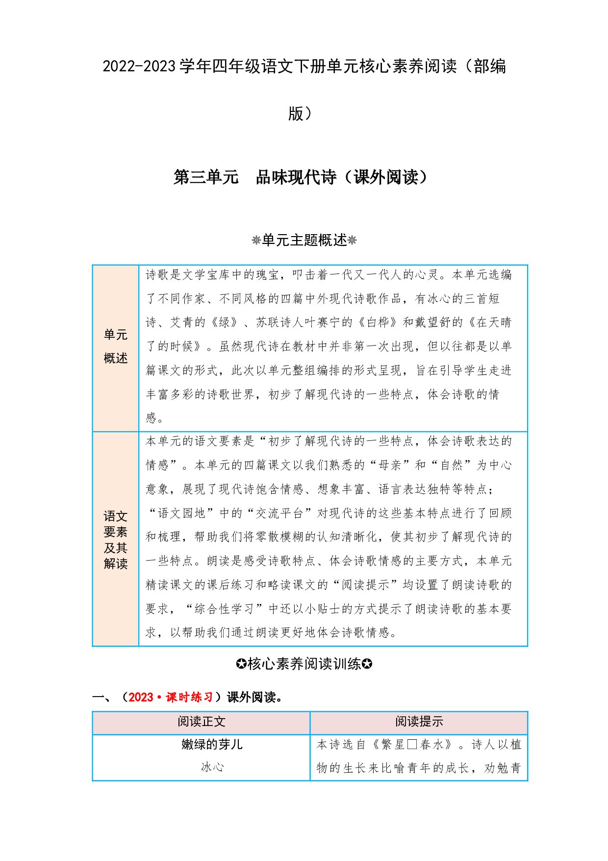 第三单元 品味现代诗（课外阅读）-2022-2023学年四年级语文下册单元核心素养阅读（部编版）.docx 第1页
