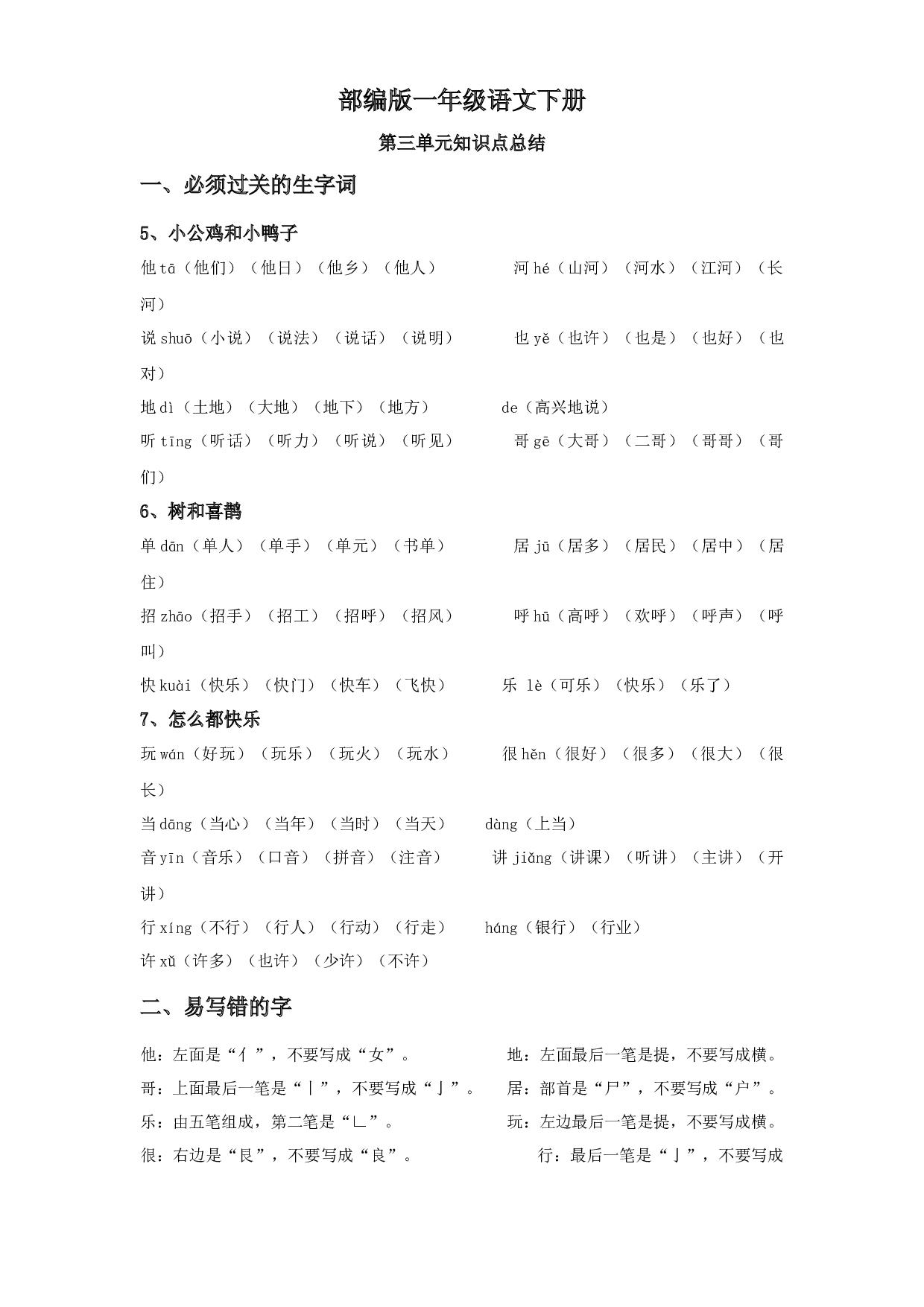 第三单元知识点总结+单元试卷 一年级语文下册 部编版.docx 第1页