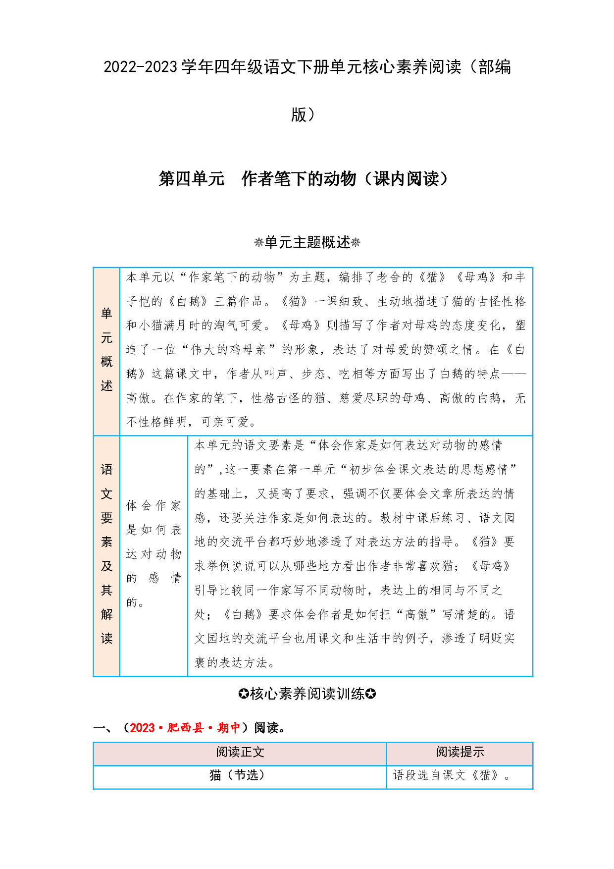 第四单元 作者笔下的动物（课内阅读）-2022-2023学年四年级语文下册单元核心素养阅读（部编版）.docx 第1页