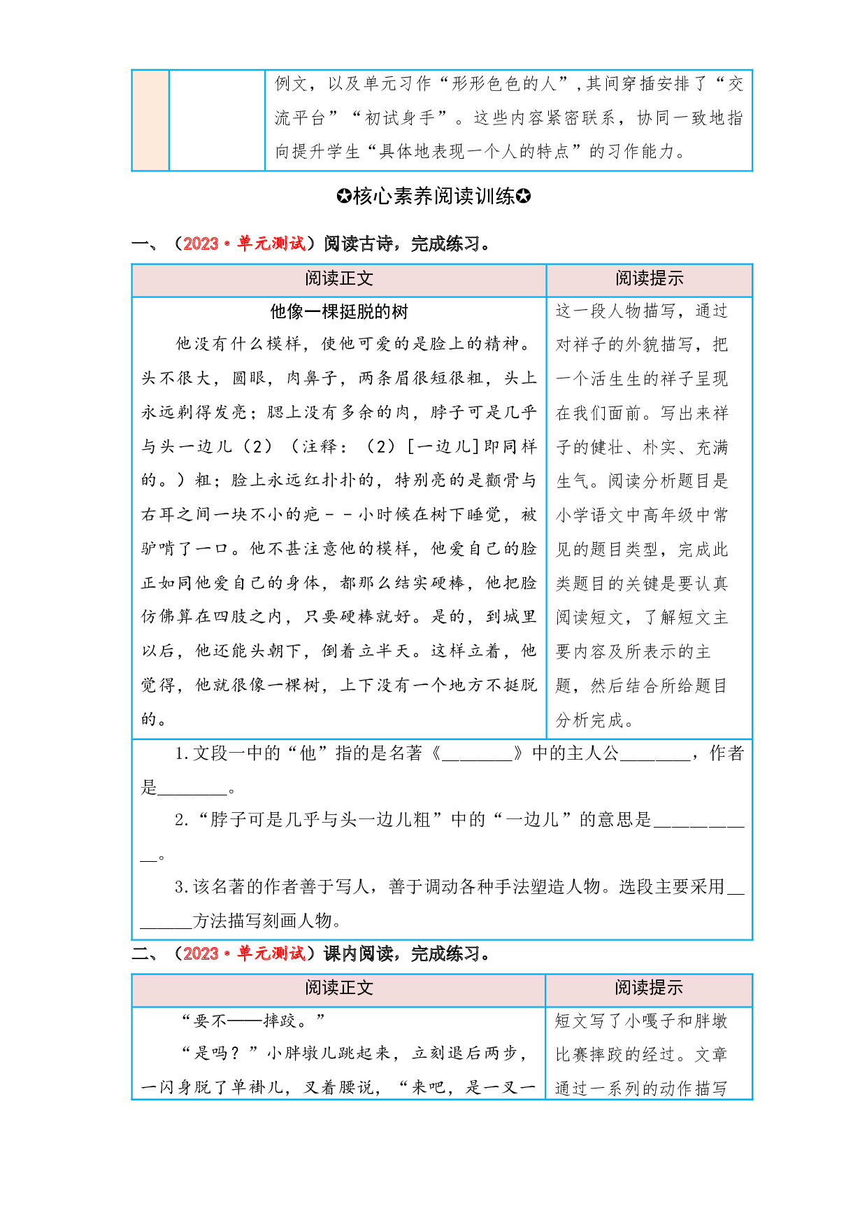 第五单元 人物描写（课内阅读）-2022-2023学年五年级语文下册单元核心素养阅读（部编版）.docx 第2页