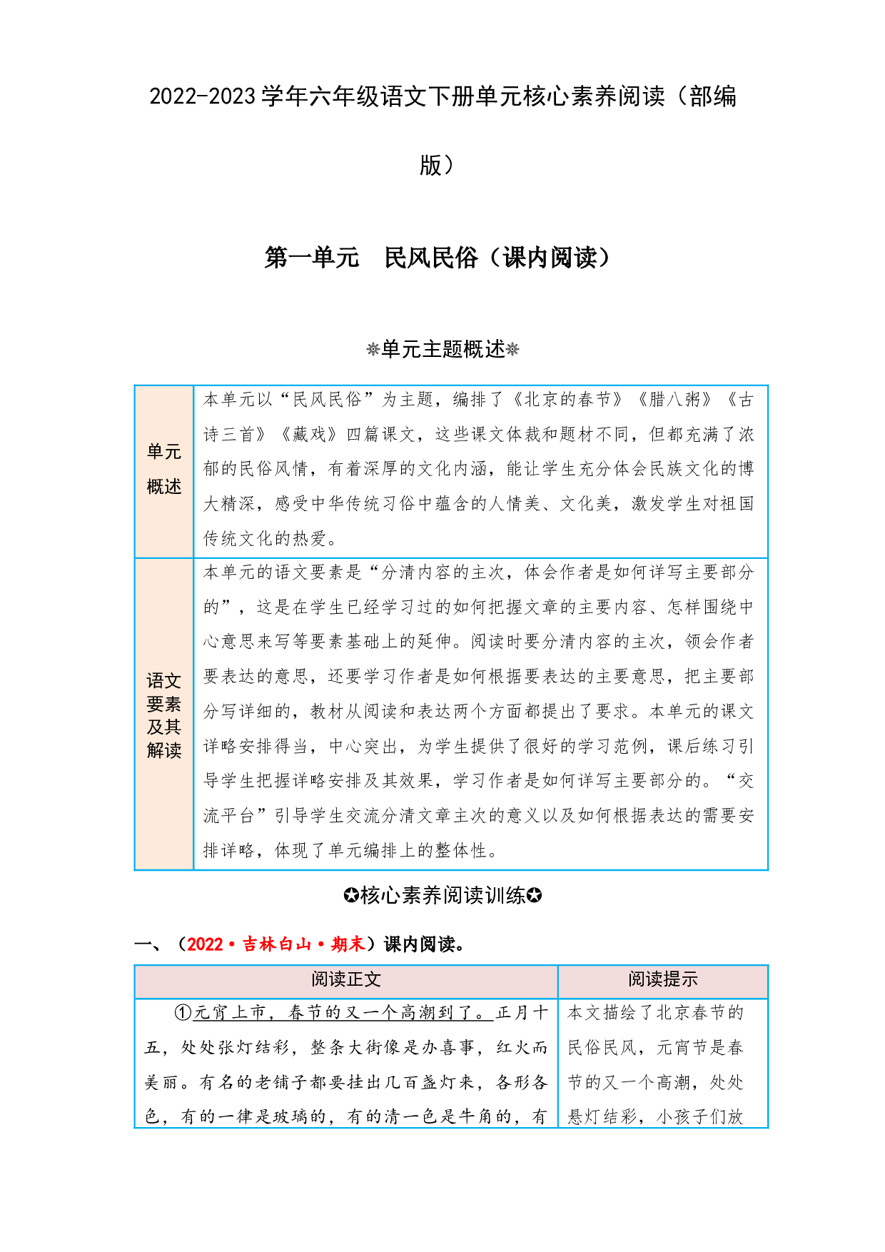 第一单元 民风民俗（课内阅读）-2022-2023学年六年级语文下册单元核心素养阅读（部编版）.docx 第1页