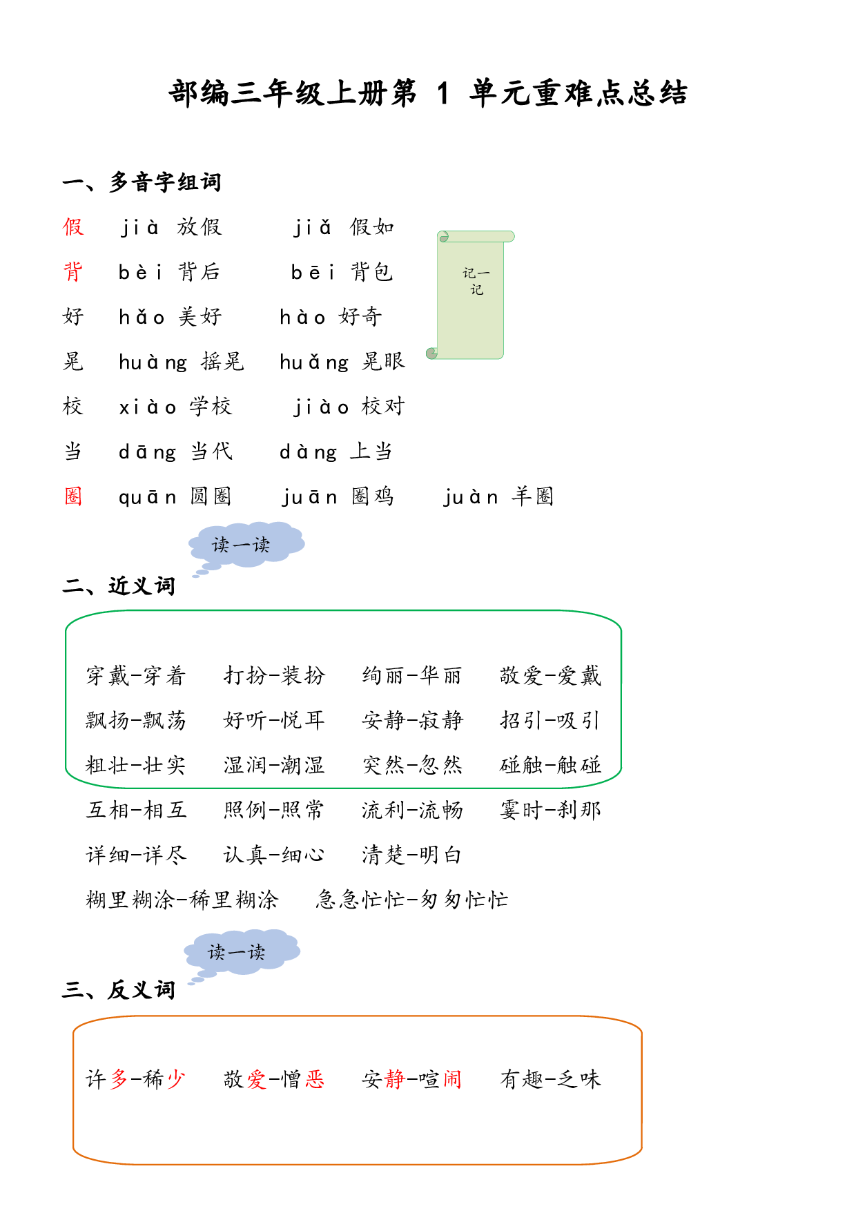 第一单元知识点归纳（素材）部编版语文三年级上册.docx 第1页