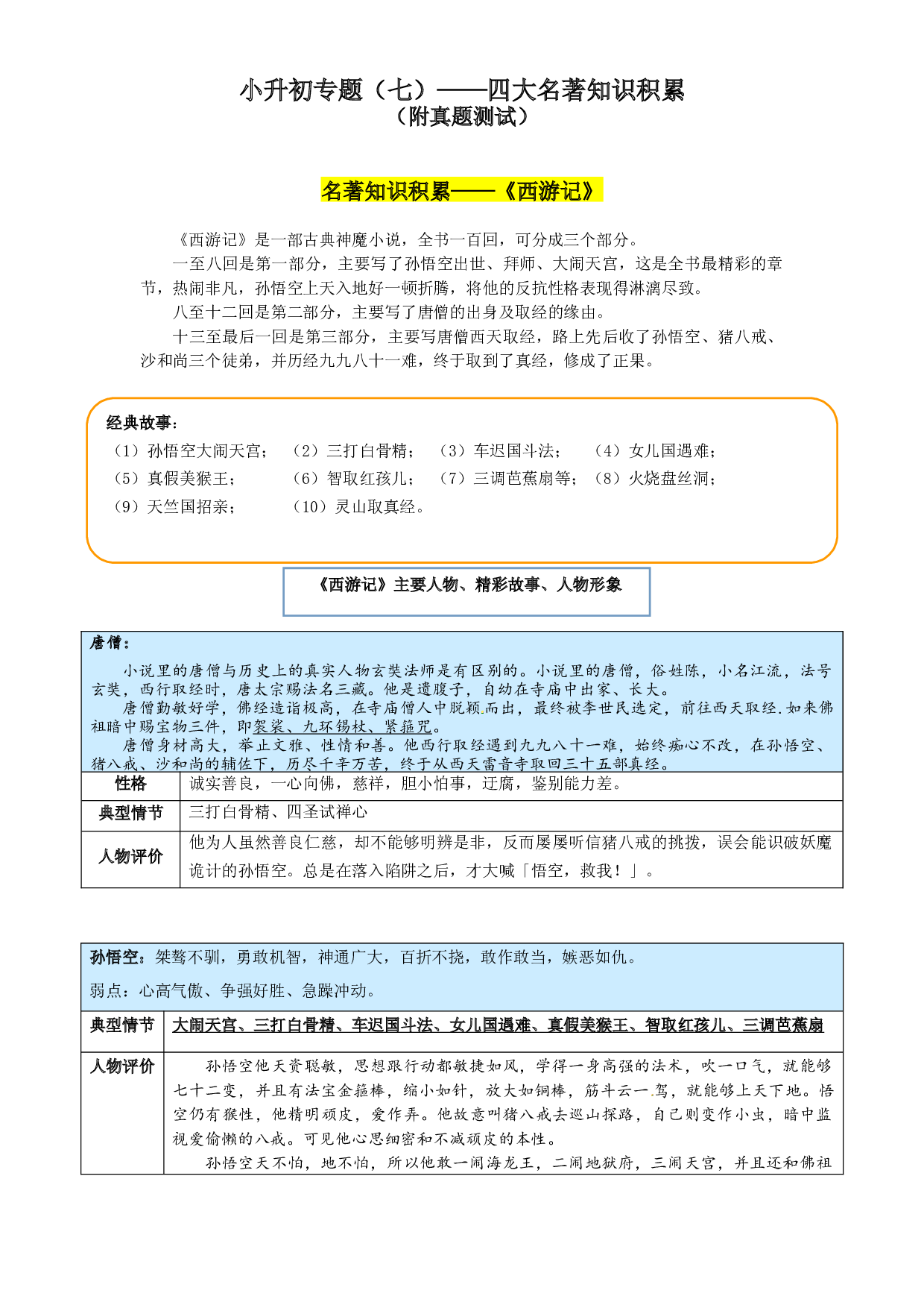 小学语文小升初专题（七）&mdash;&mdash;四大名著常识积累 部编版.docx 第1页
