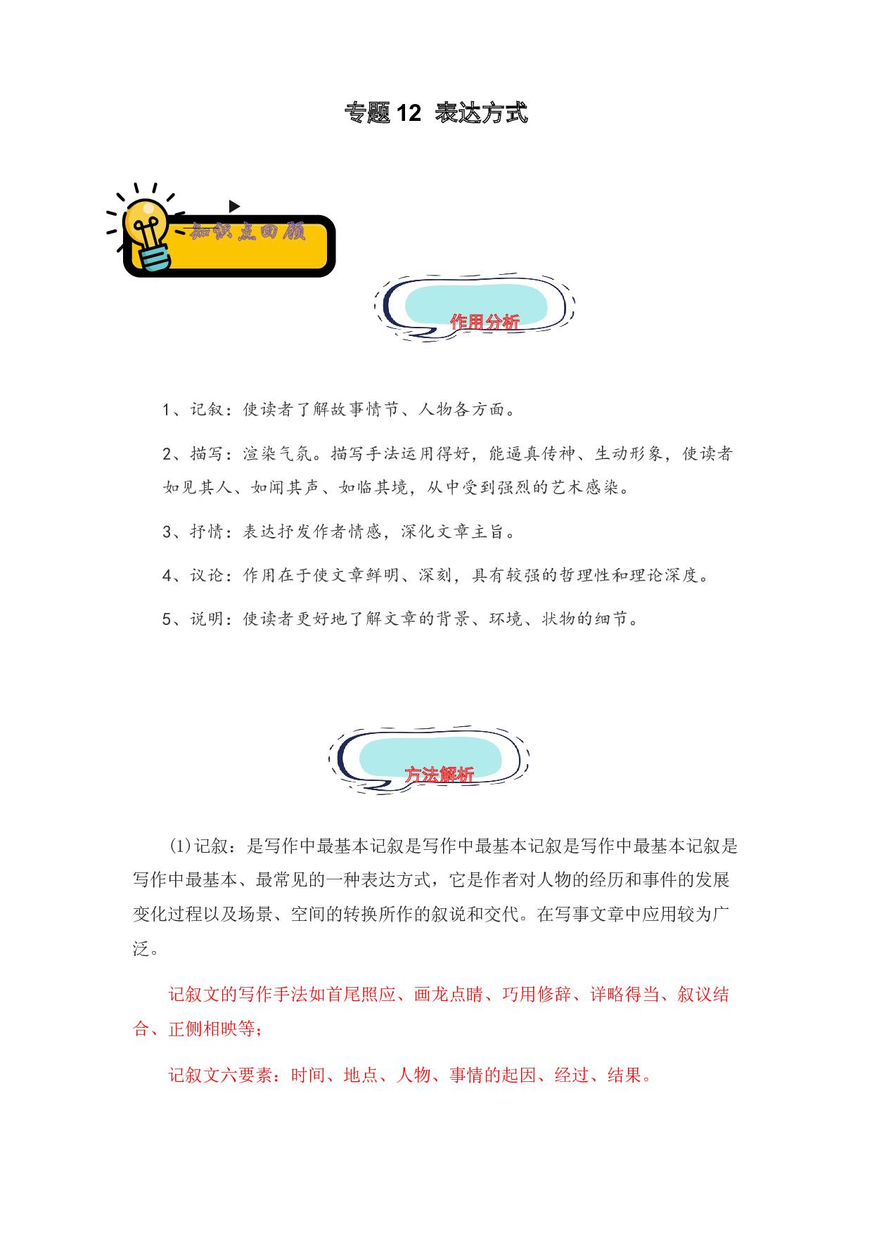 12 表达方式-2022-2023学年小升初语文记叙文知识点衔接（部编版）.docx 第1页