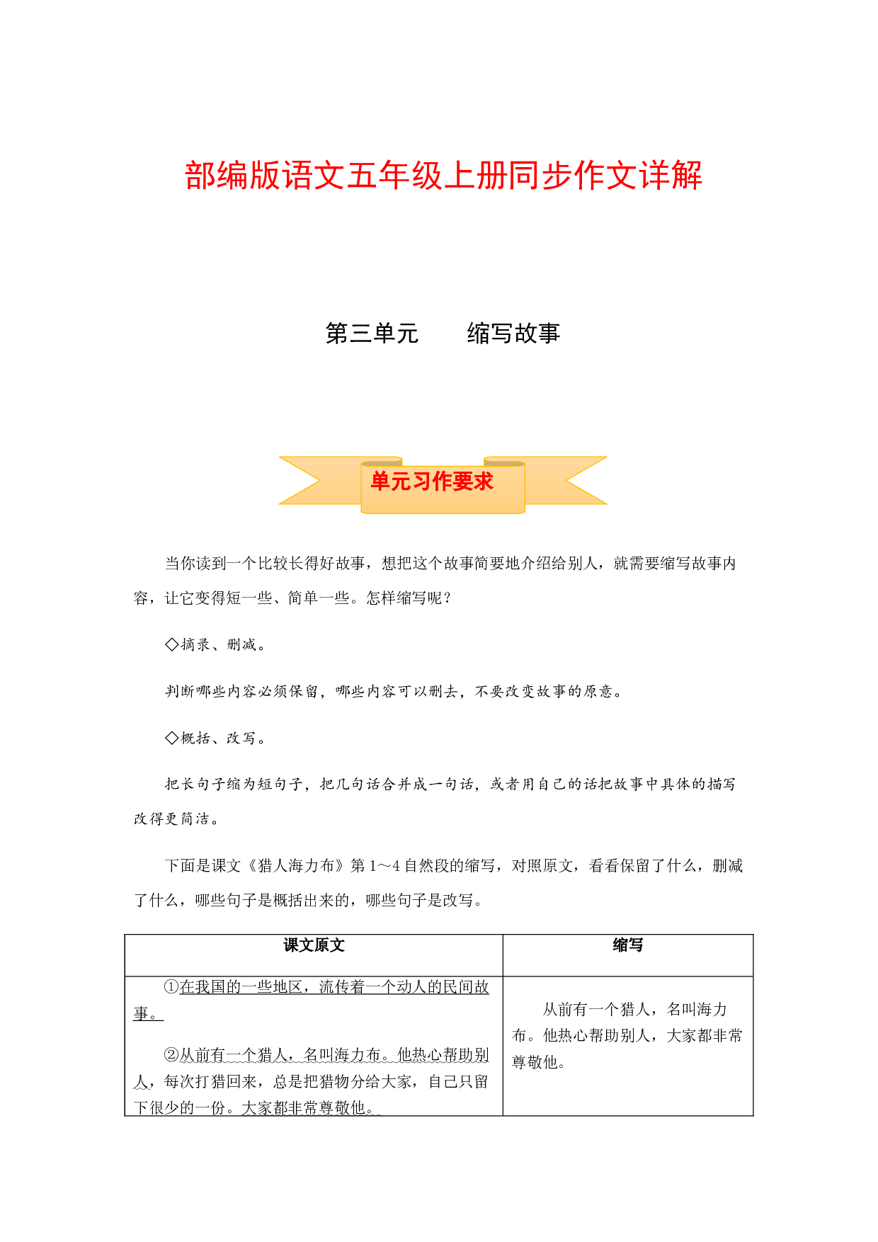 【讲好作文课】五年级上册语文作文之写作指导 第三单元 缩写故事（部编版）.docx 第1页