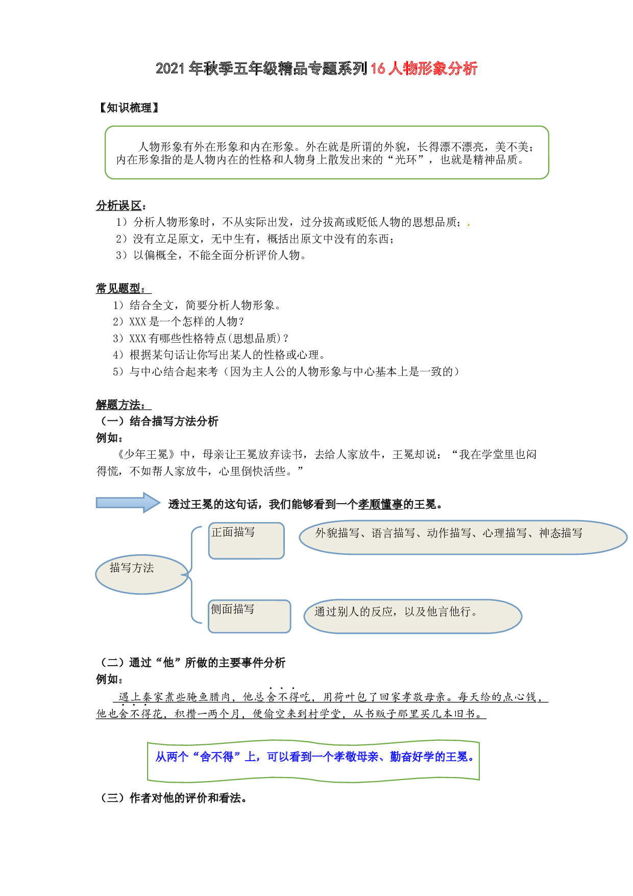 2021秋五年级语文阅读与作文专题讲义：16人物形象分析.docx 第1页