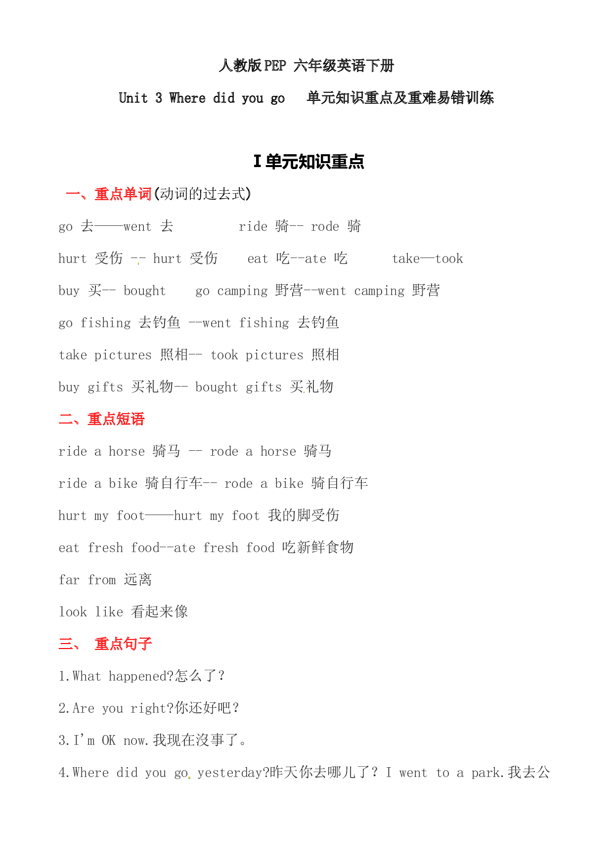 【提分讲义】六年级英语下册单元知识重点+重难易错训练-Unit 3 Where did you go 人教PEP（含答案）.docx 第1页