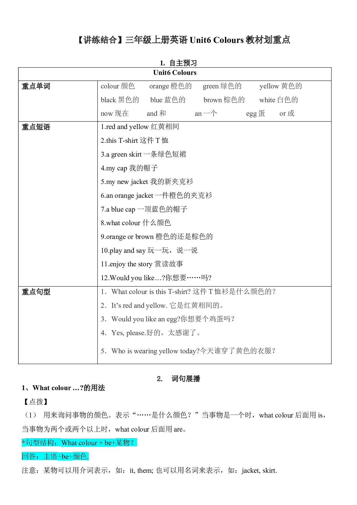 【单元重点难点】三年级上册英语Unit6 Colours 教材划 重点 译林版（三起）.docx 第1页