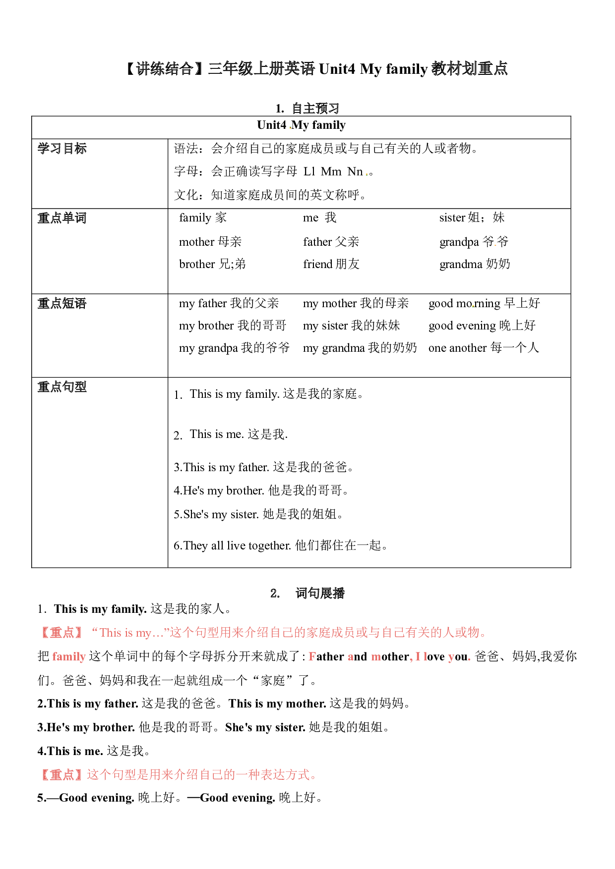 【单元重点难点】三年级上册英语Unit4 My family教材划重点.docx 第1页