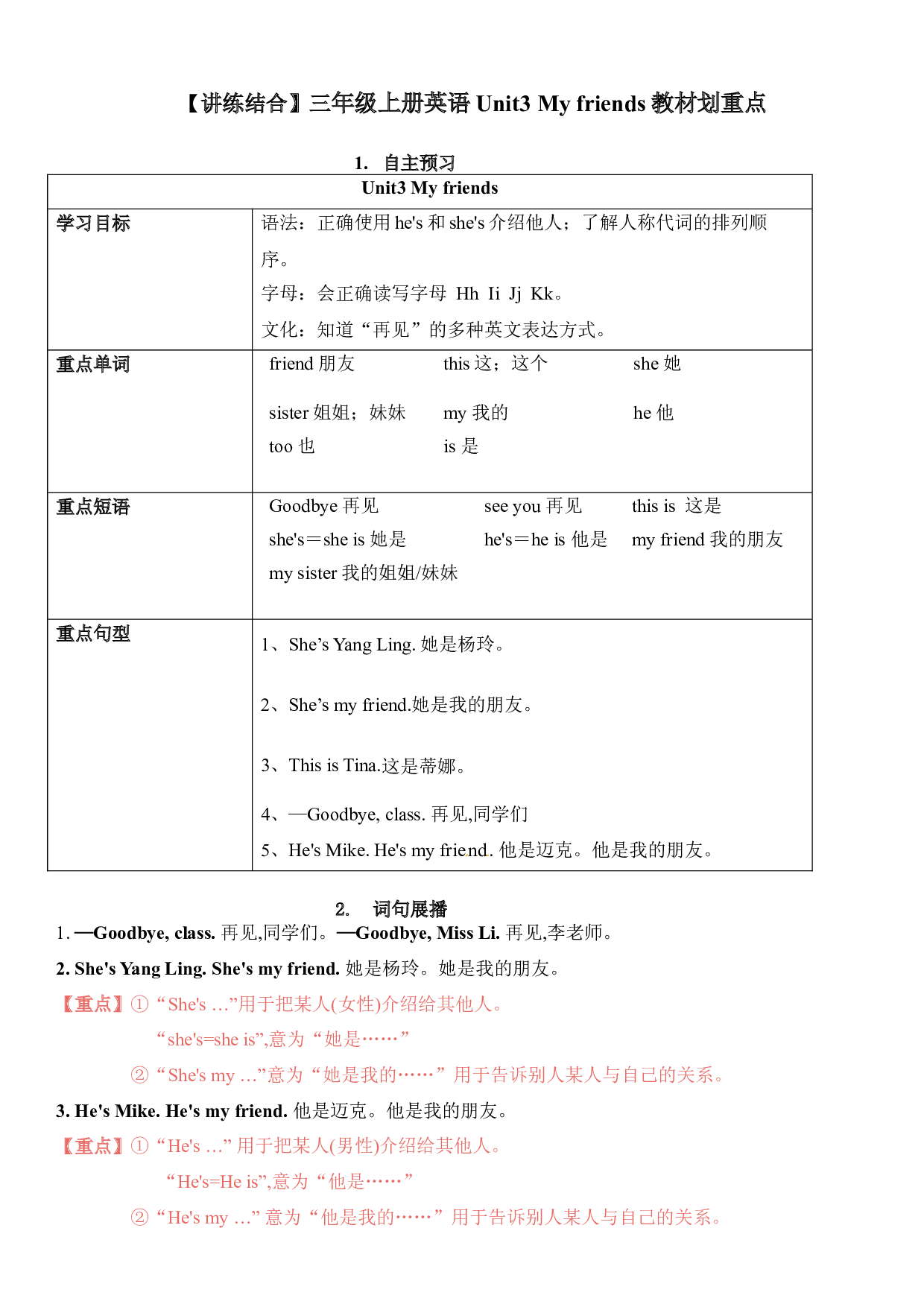 【单元重点难点】三年级上册英语Unit3 My friends教材划重点.docx 第1页