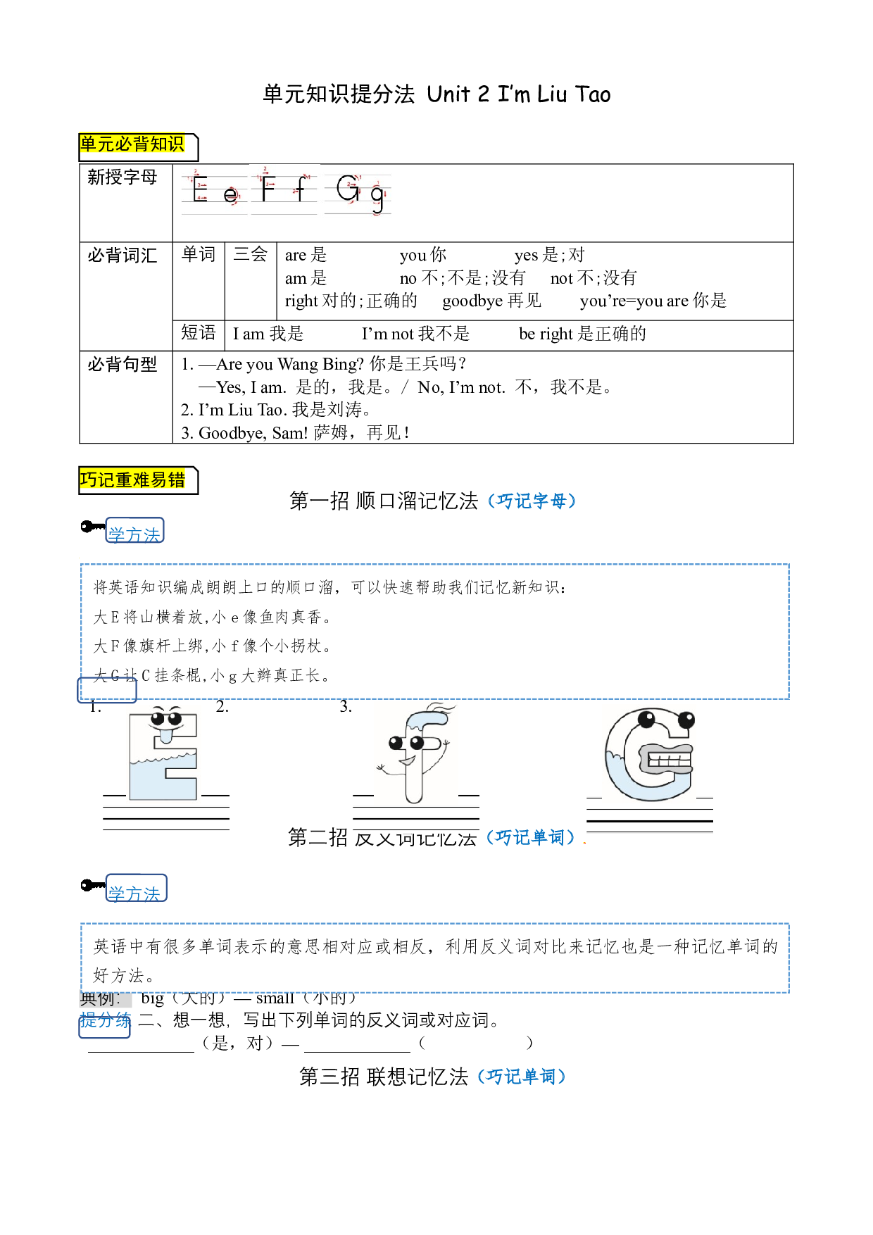 【单元知识提分法】三年级上册英语 Unit 2 I&rsquo;m Liu Tao 单元必背知识+巧招破重难+典例提分练 译林版三起 （word版，含答案）.docx 第1页