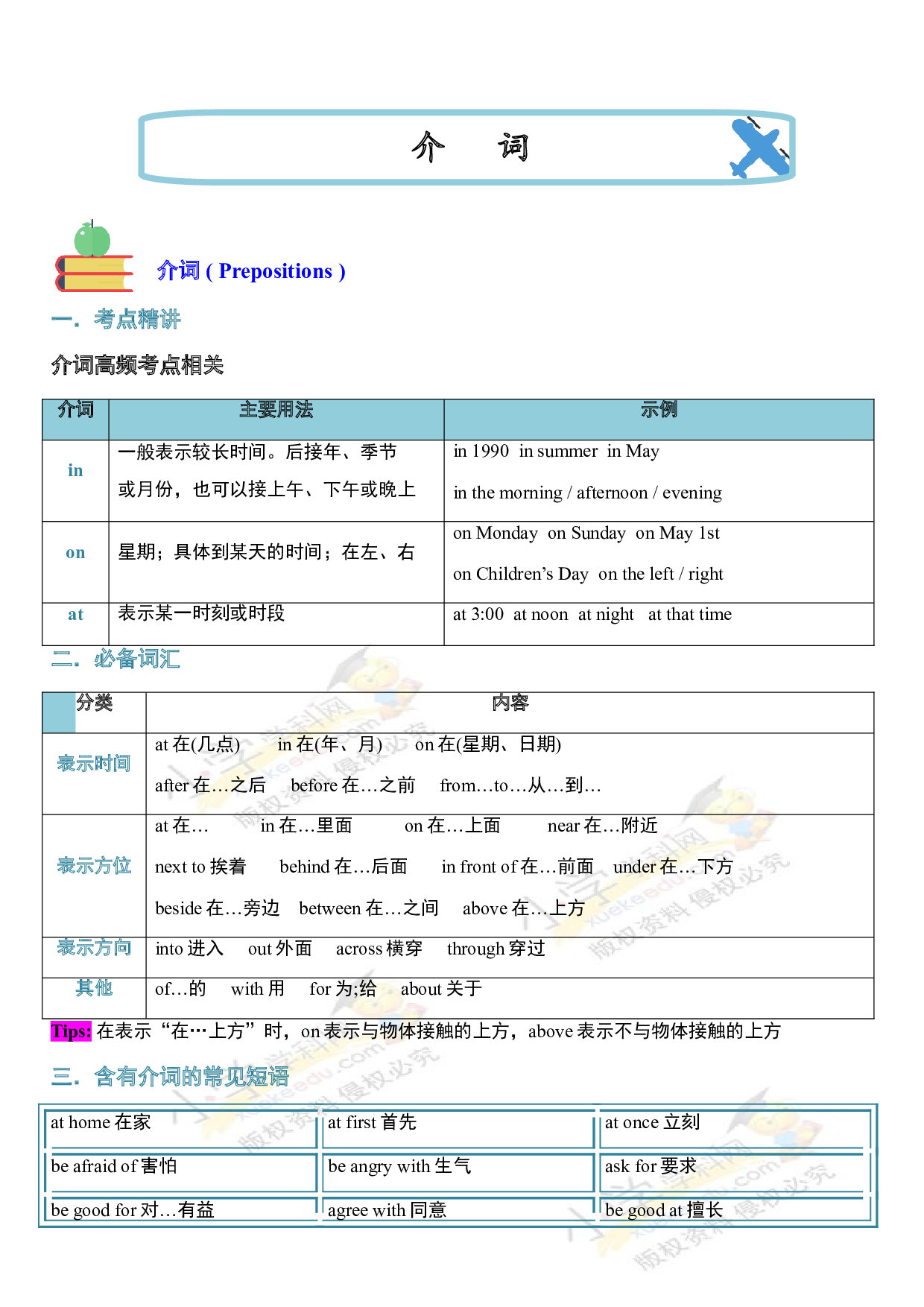 （连载考点梳理）小升初英语 考点08&mdash;&mdash;介词 全国通用.doc 第1页