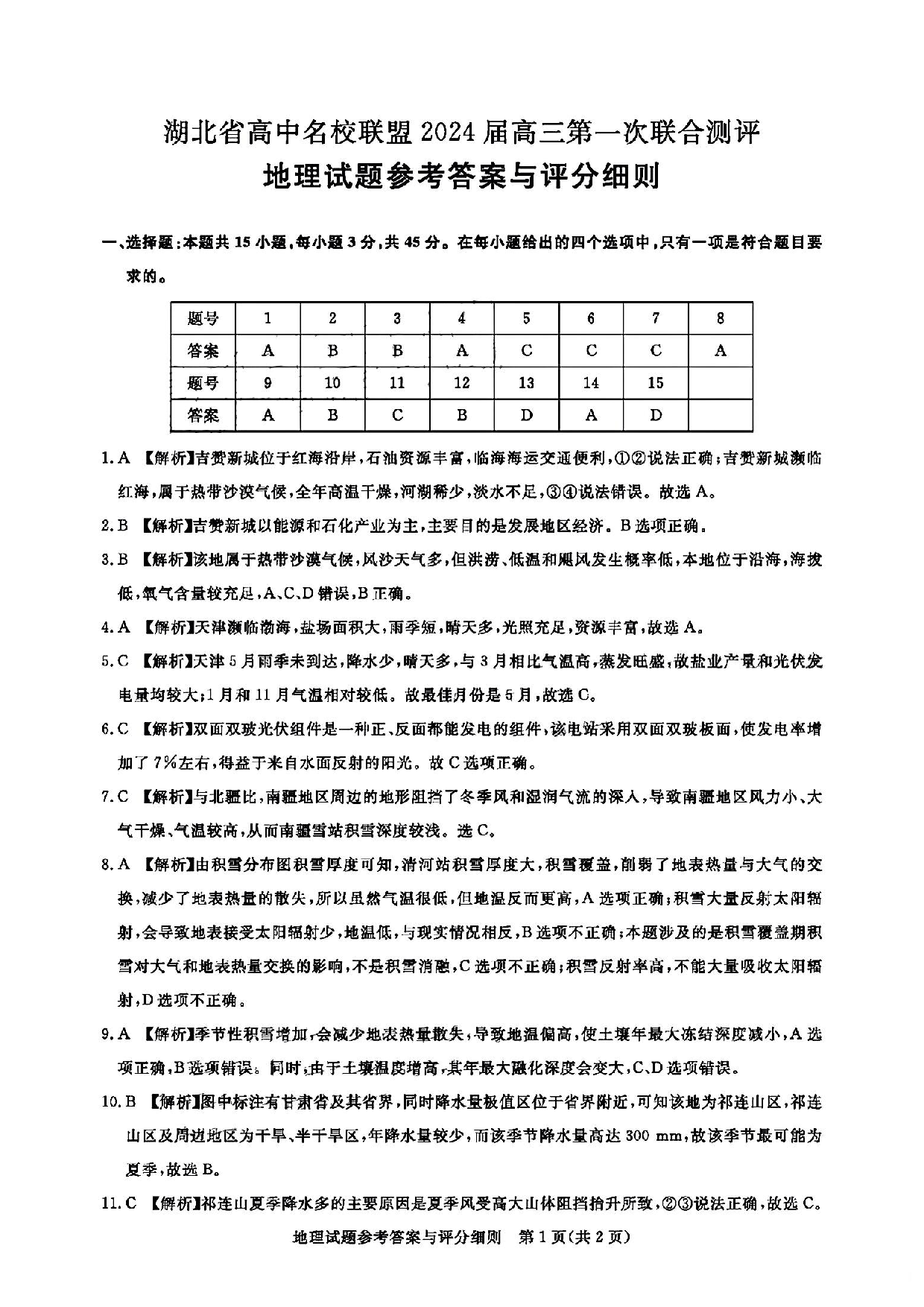 湖北省高中名校联盟2023-2024学年高三上学期第一次联合测评 地理答案.pdf 第1页