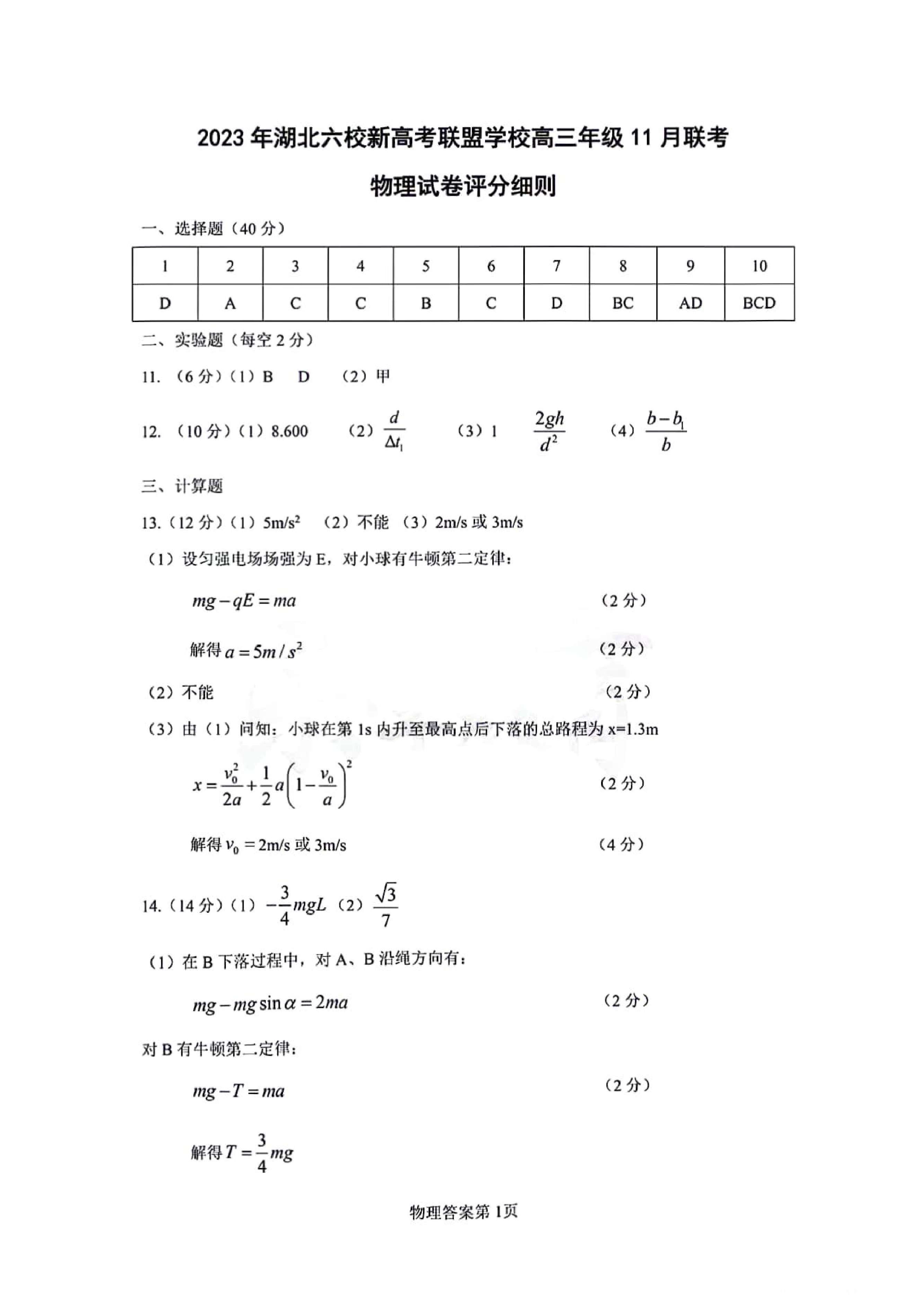 湖北省六校新高考联盟学校2023-2024学年高三上学期11月联考 物理答案.pdf 第1页