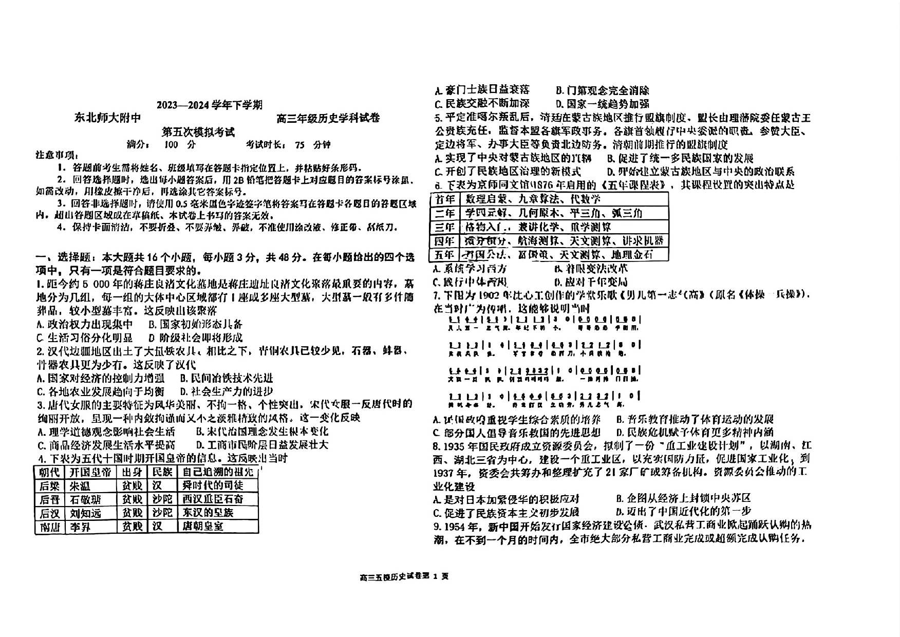 2024届吉林省长春市东北师范大学附属中学高三下学期第五次模拟考试历史试题(无答案).pdf 第1页
