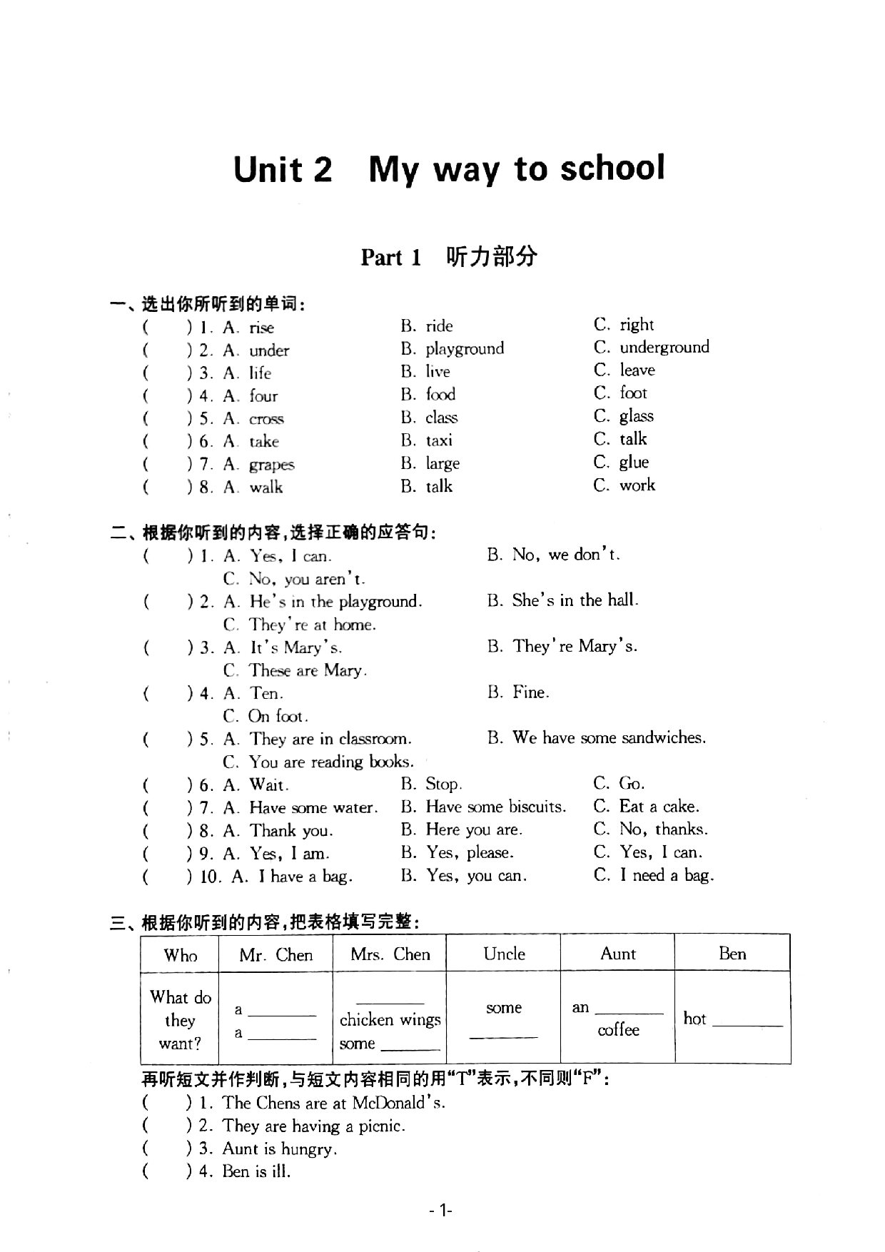 上海市嘉华小学2019学年第一学期五年级英语M1Unit 2 My way to school  测试卷   牛津上海版（一起）（PDF版，无答案）.pdf 第1页