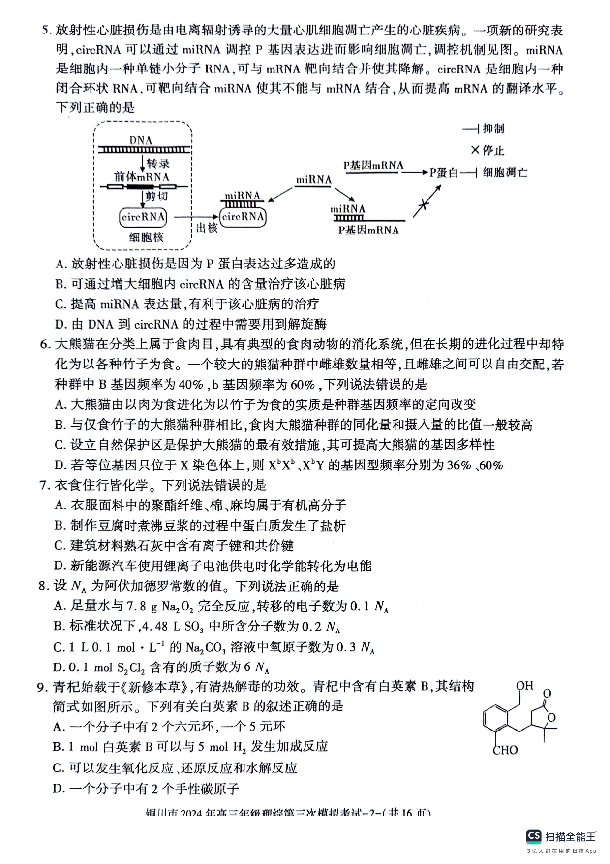 陕西省铜川市2024届高三下学期第三次模拟考试 理综 PDF版含答案.pdf 第2页