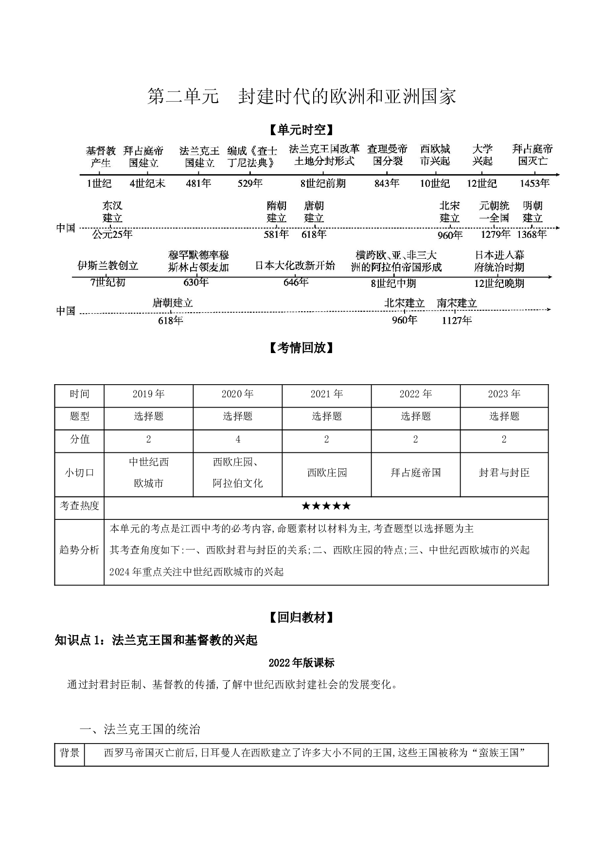 第二单元　封建时代的欧洲和亚洲国家  讲义  2024年江西省中考一轮复习.docx 第1页