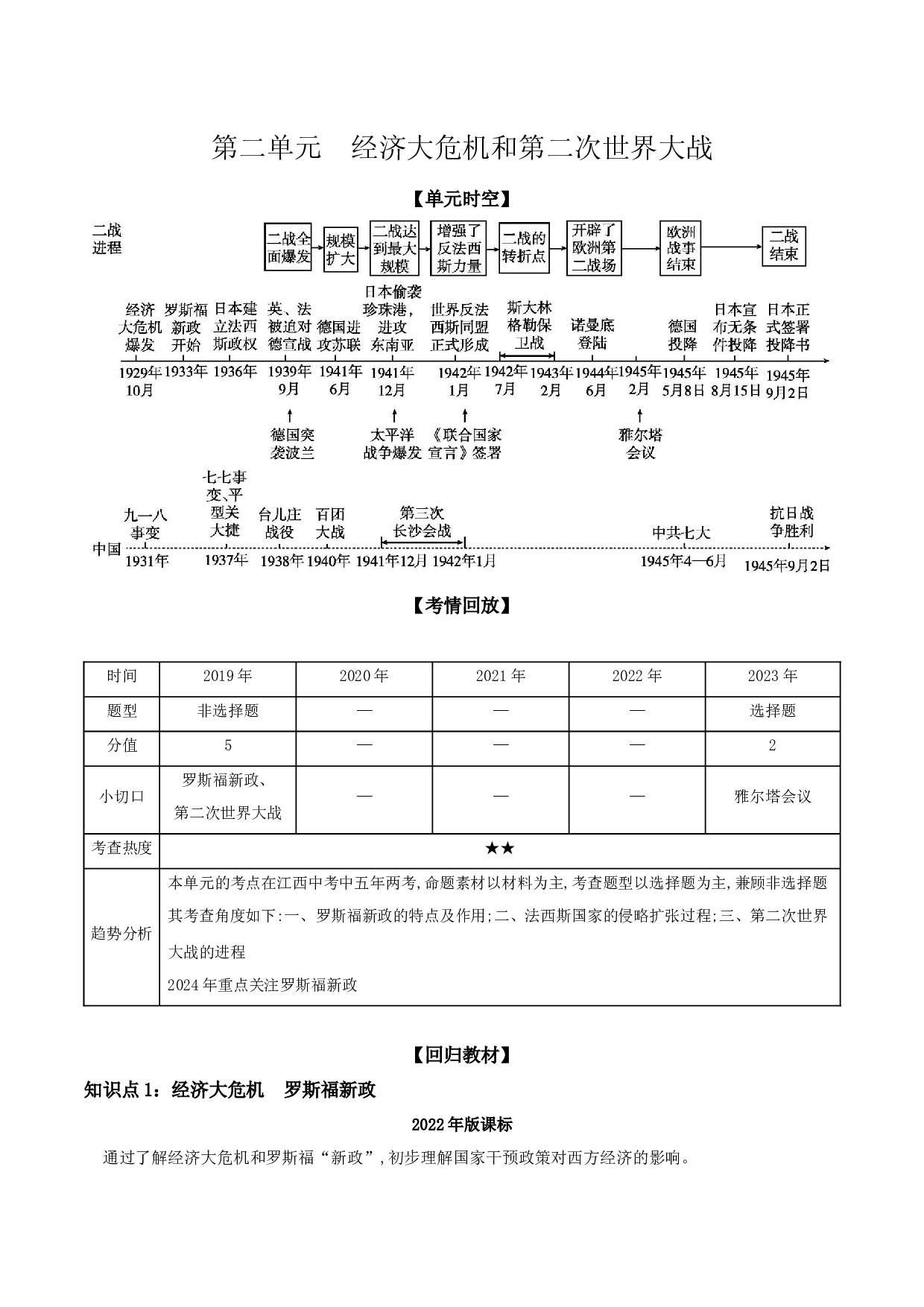 第二单元　经济大危机和第二次世界大战  讲义 2024年江西省中考一轮复习.docx 第1页