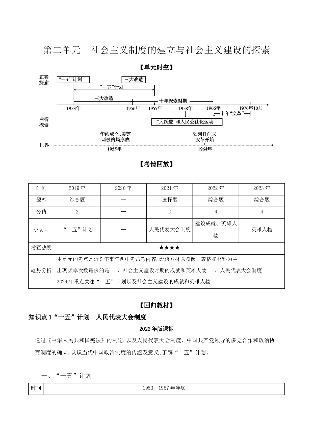 第二单元　社会主义制度的建立与社会主义建设的探索  讲义  2024年江西中考一轮复习.docx 第1页