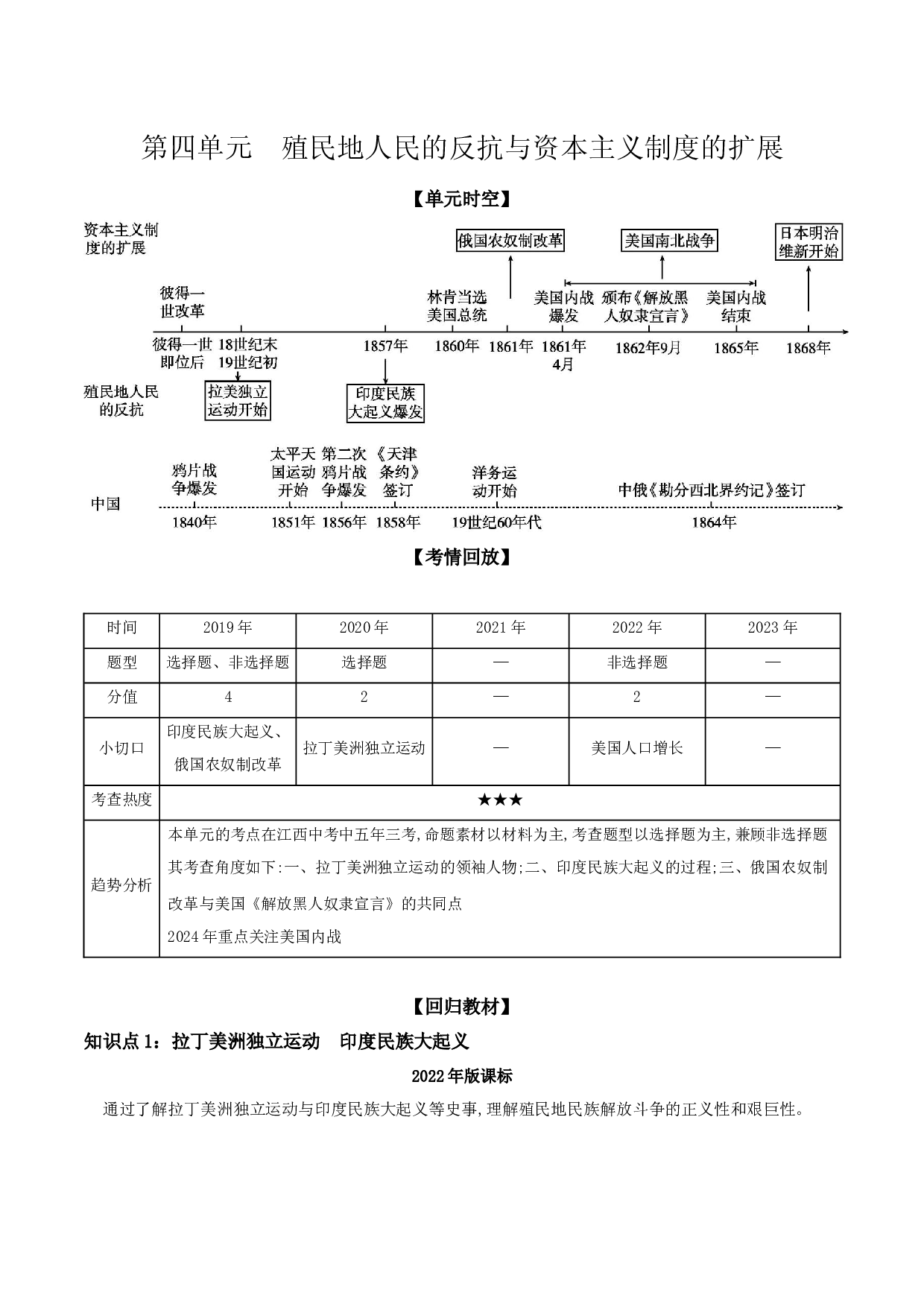 第四单元　殖民地人民的反抗与资本主义制度的扩展  讲义 2024年江西省中考一轮复习.docx 第1页