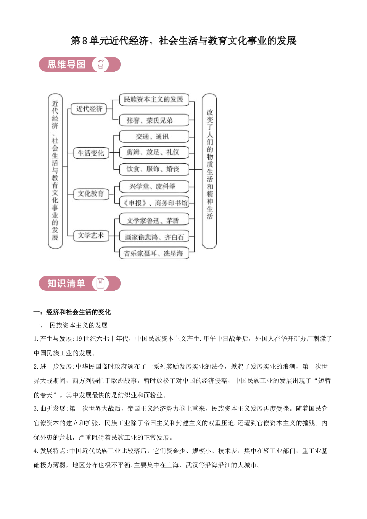 含参考答案 统编版八上历史第8单元近代经济、社会生活与教育文化事业的发展01讲核心（原卷版）2023&mdash;2024.docx 第1页