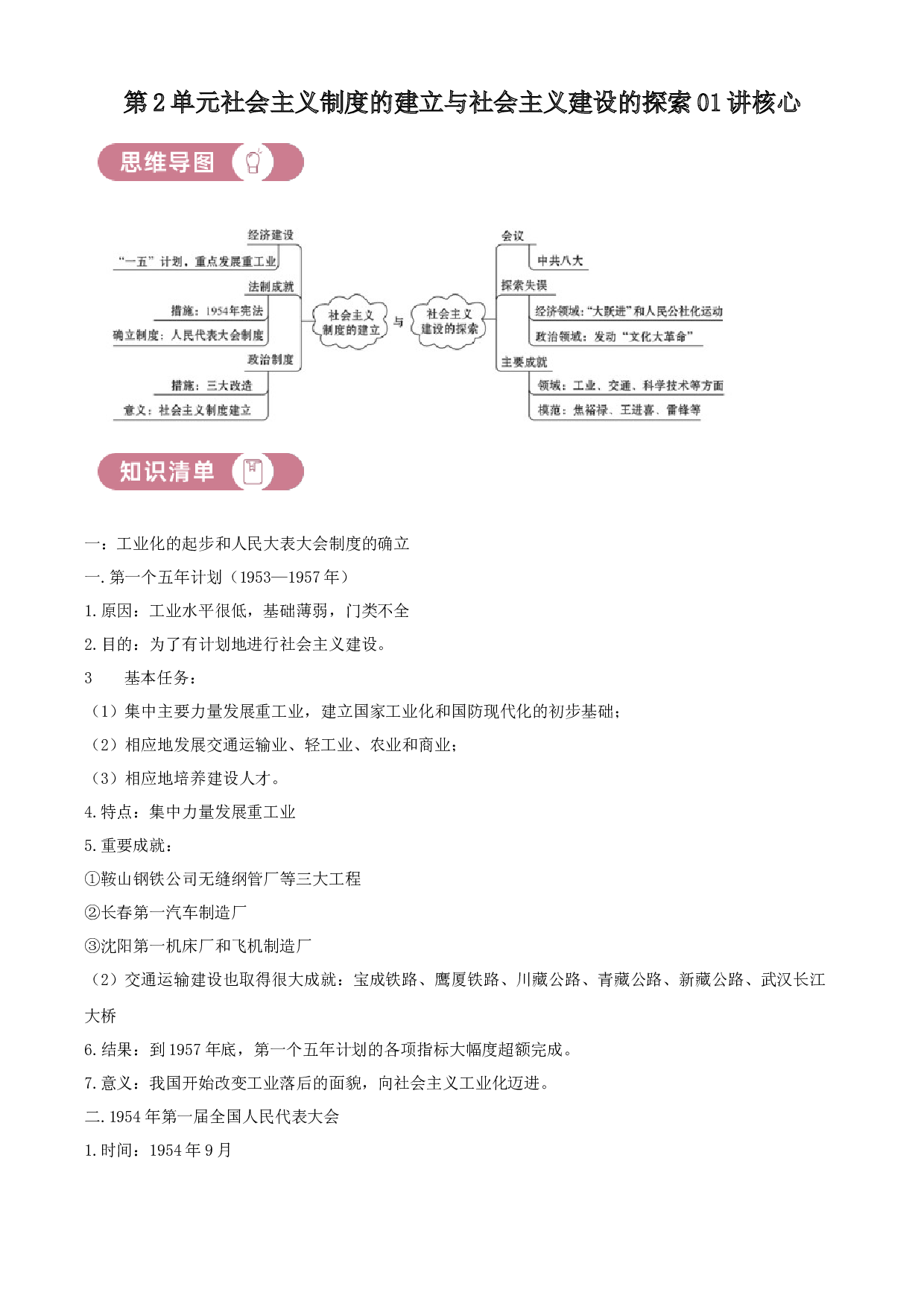 含参考答案 统编版八下历史第2单元社会主义制度的建立与社会主义建设的探索01讲核心（原卷版）2023&mdash;2024.docx 第1页