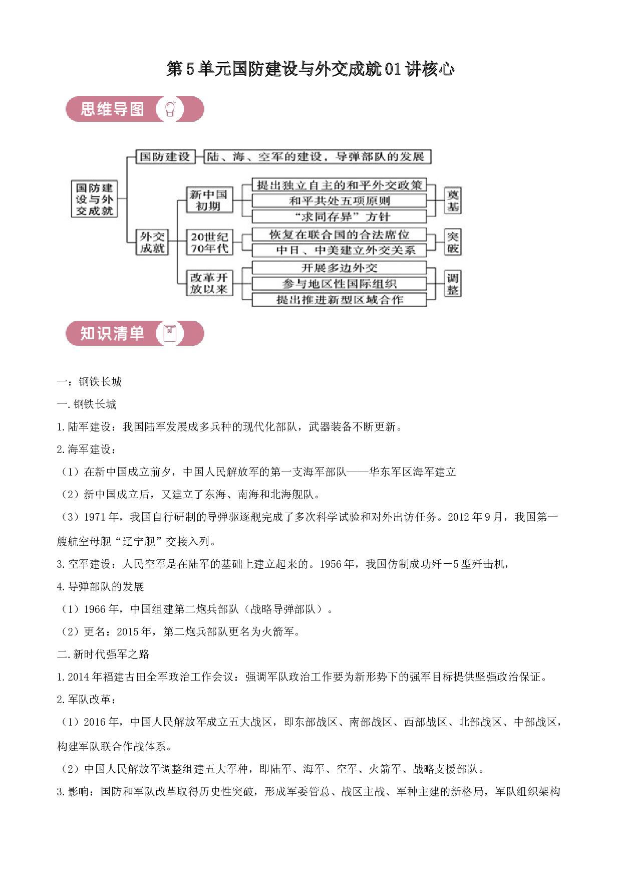 含参考答案 统编版八下历史第5单元国防建设与外交成就01讲核心(含参考答案)2023&mdash;2024.docx 第1页