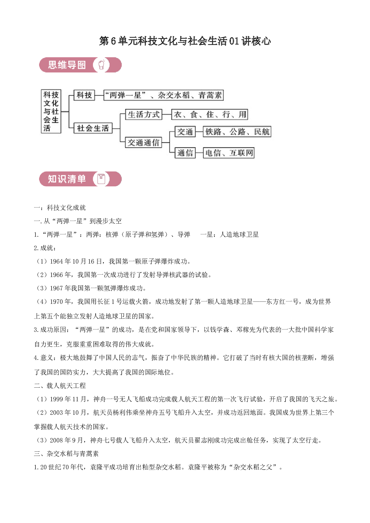 含参考答案 统编版八下历史第6单元科技文化与社会生活01讲核心(含参考答案)2023&mdash;2024.docx 第1页
