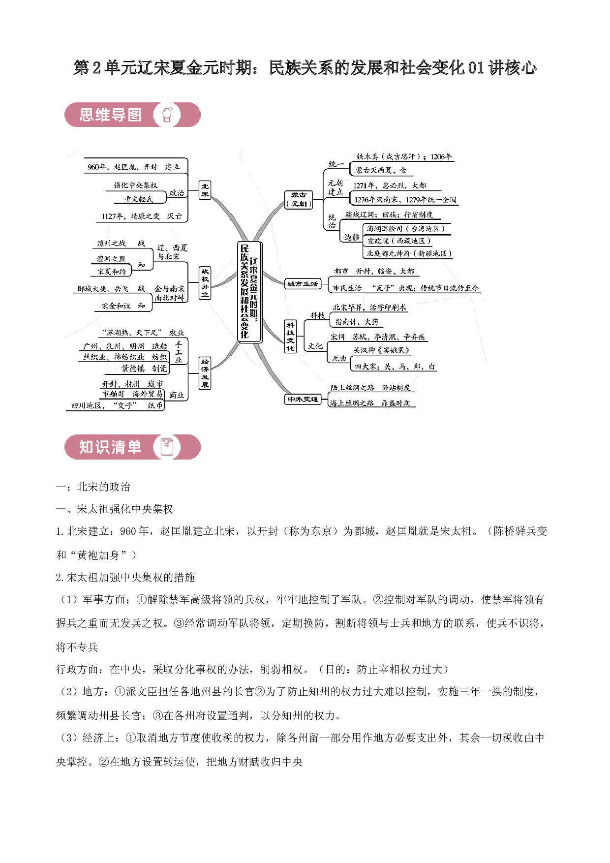 含参考答案 统编版七下历史第2单元辽宋夏金元时期：民族关系的发展和社会变化01讲核心（原卷版）2023&mdash;2024.docx 第1页
