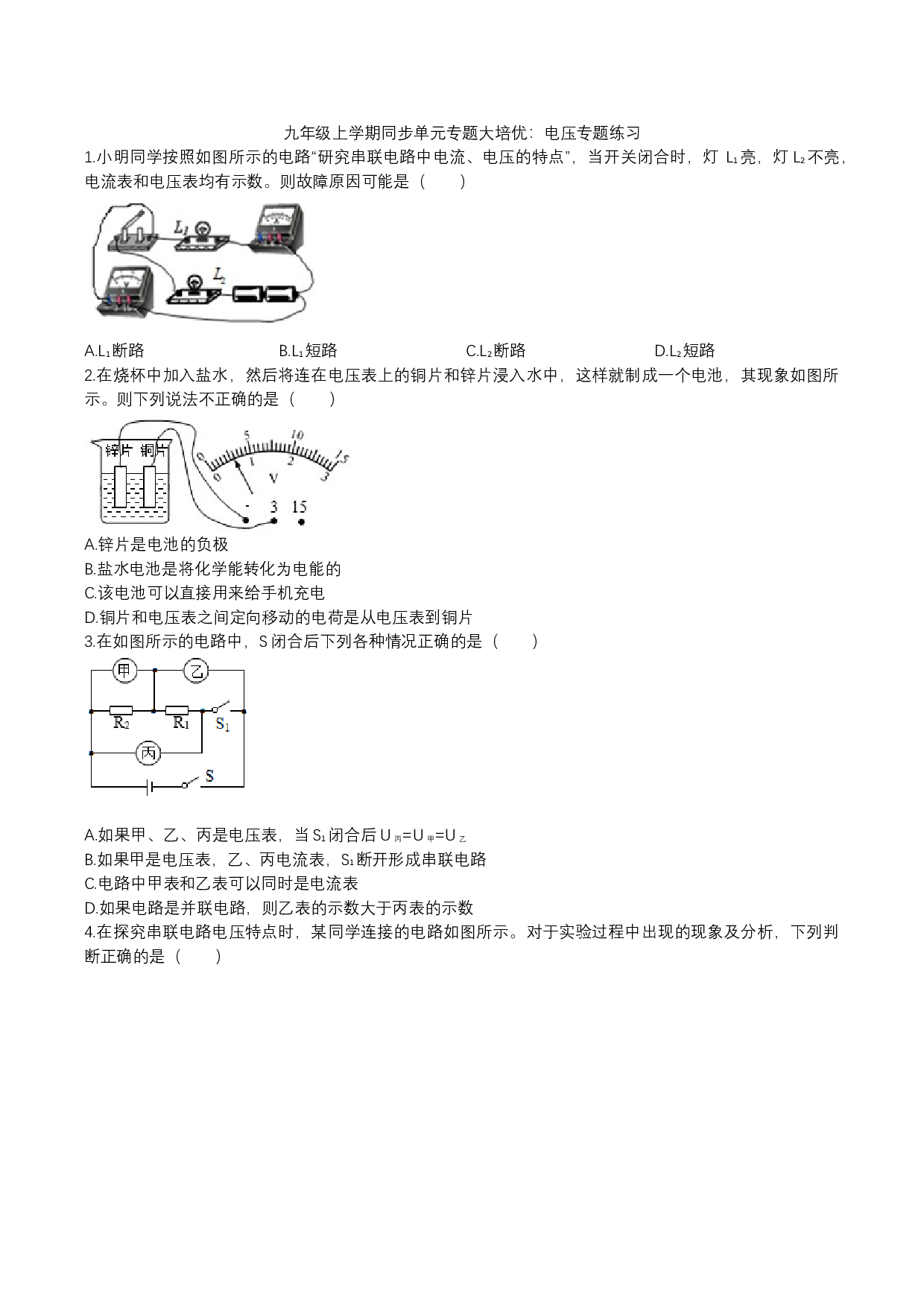 2023-2024人教版九年级上学期同步单元专题大培优：电压专题练习.docx 第1页