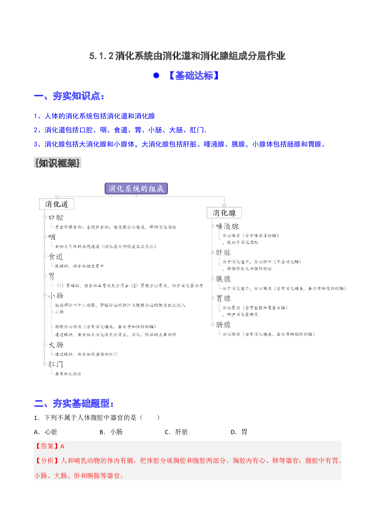 5.1.2 （分层+特色作业）消化系统由消化道和消化腺构成2022-2023学年七年级生物下册同步练习（人教版）(解析版）.docx 第1页