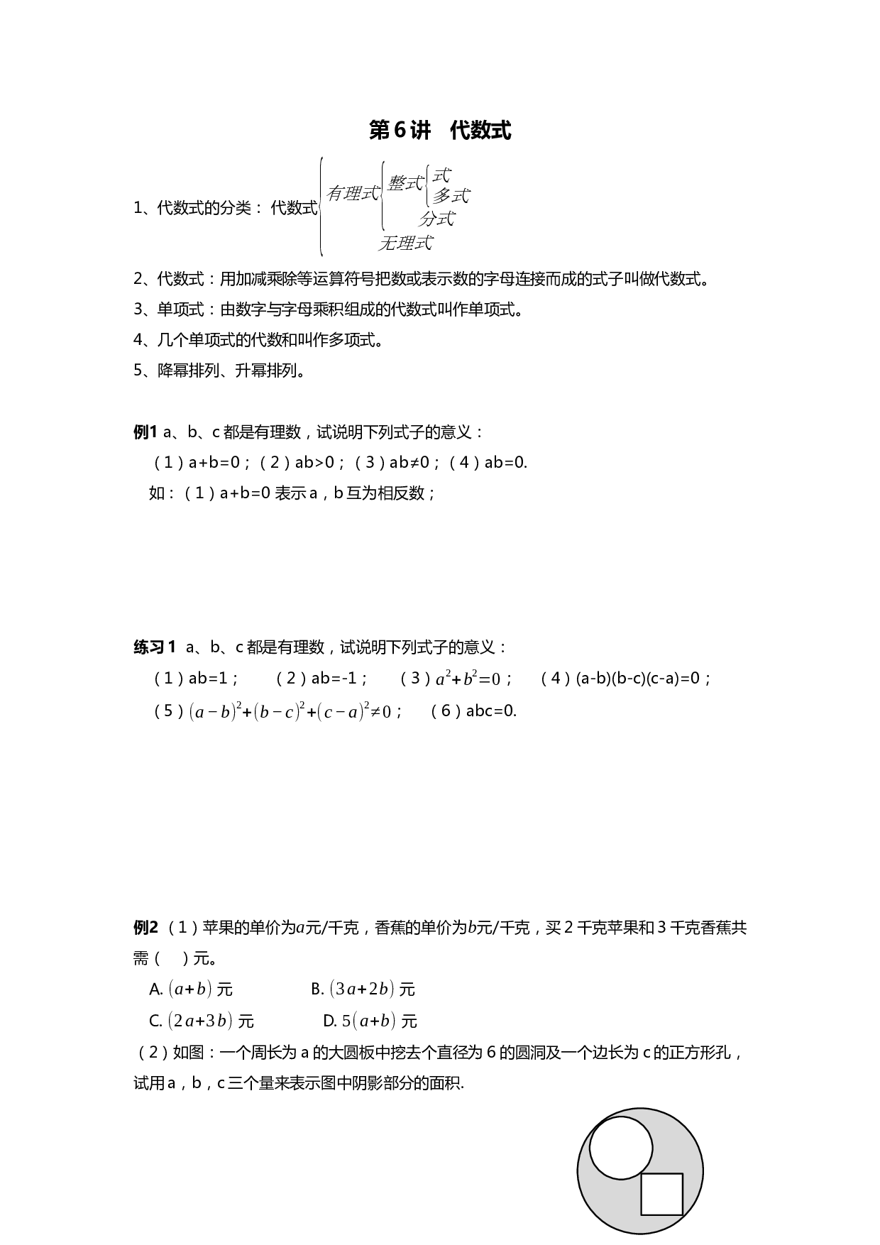 2023-2024学的人教版七年级上册数学讲义第6讲 代数式.docx 第1页