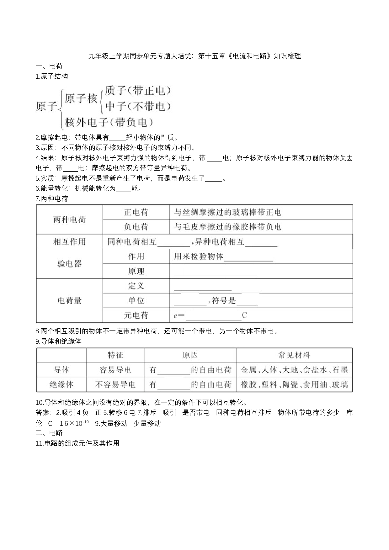 2023年人教版九年级物理上学期同步单元专题大培优：第十五章《电流和电路》知识梳理.docx 第1页