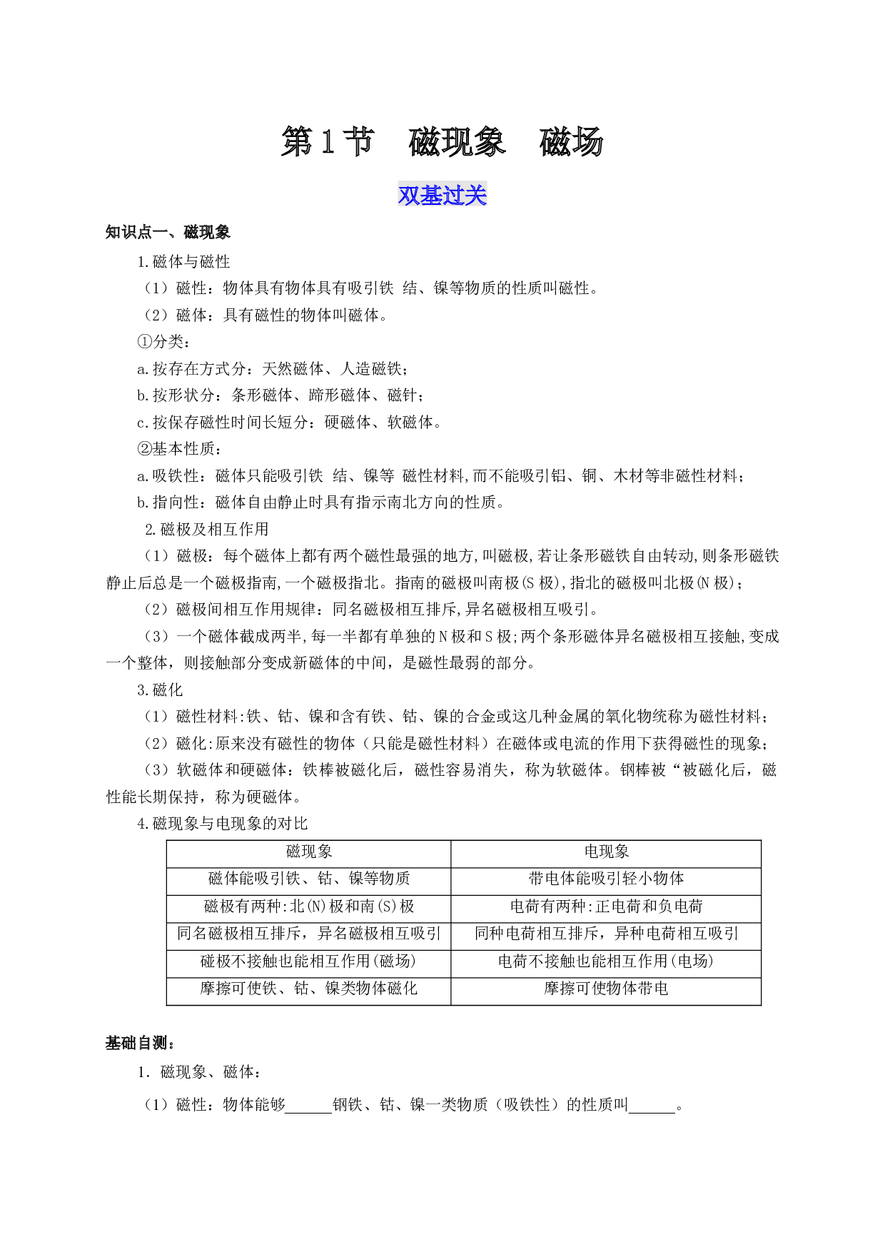 第1节  磁现象  磁场（双基过关+考点突破）-2022-2023学年九年级物理全一册通关讲义（人教版原卷版）.docx 第1页
