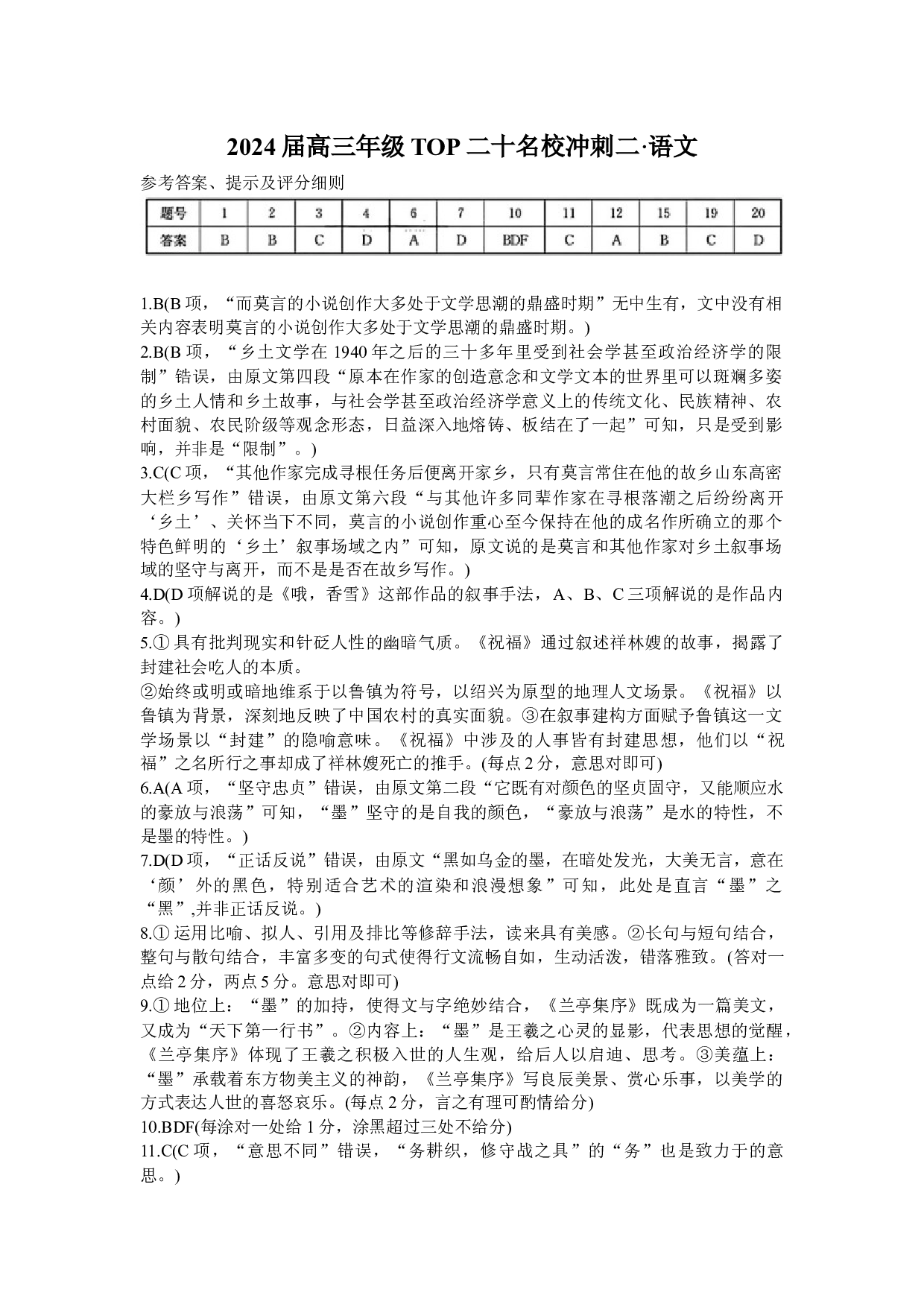 2024届河南省TOP名校高三下学期冲刺考试语文（二）答案.docx 第1页