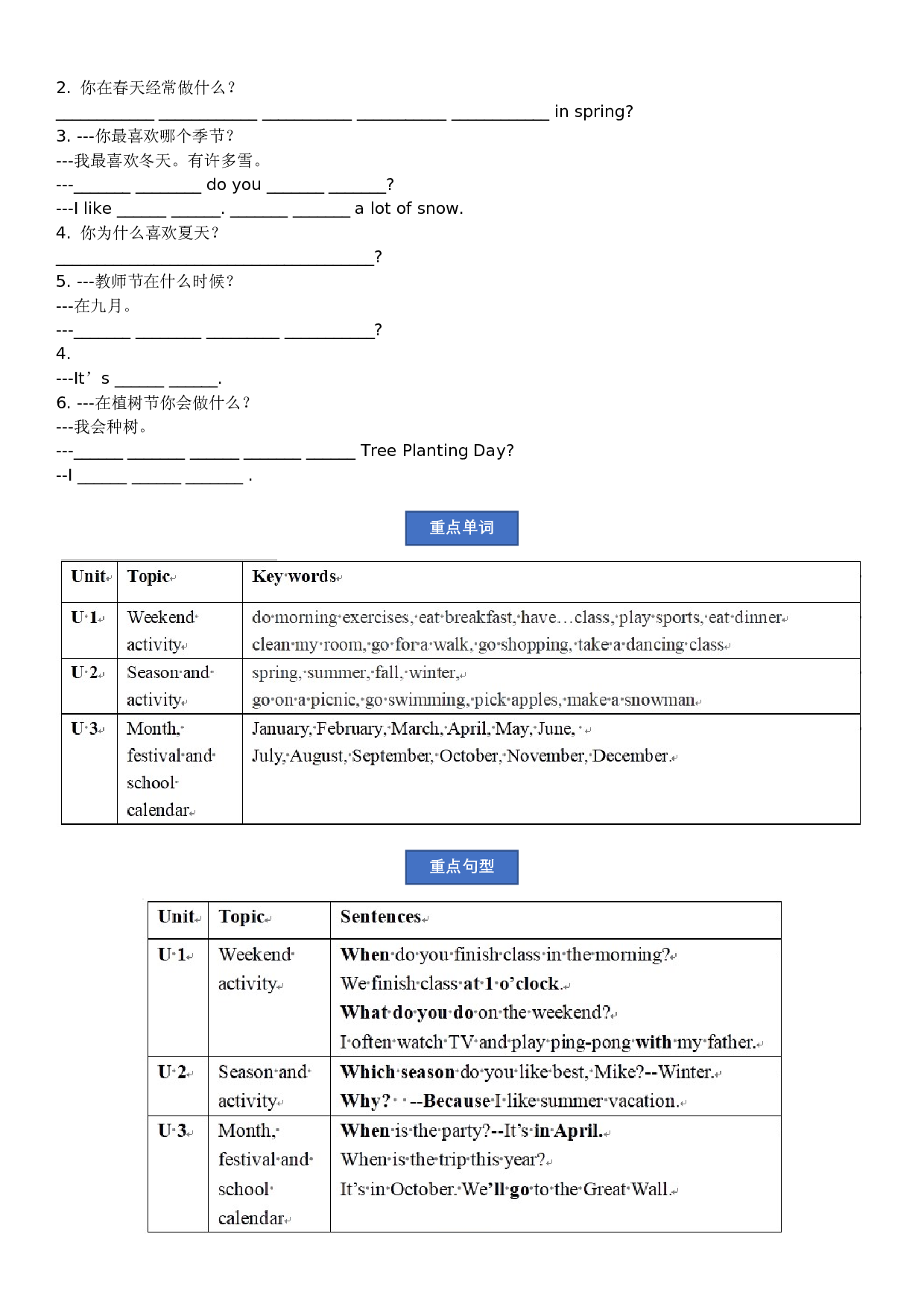【机构用复习预习讲义】五年级下册英语-Recycle 1(复习Unit 1-3）人教pep（含答案）.docx 第2页