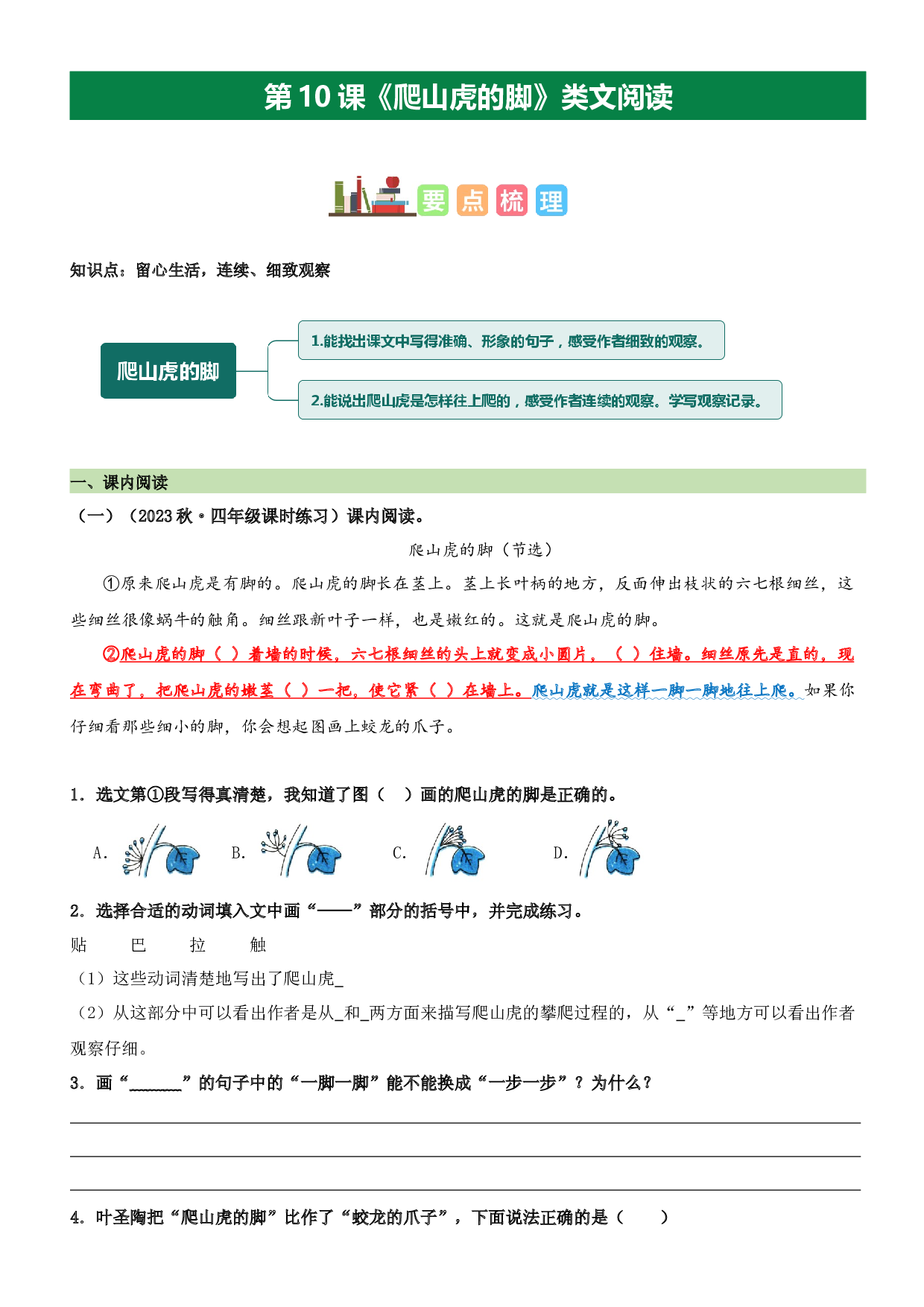 第10课 爬山虎的脚（类文阅读）-2023-2024学年四年级语文上册阅读理解（统编版）_40603039.docx 第1页