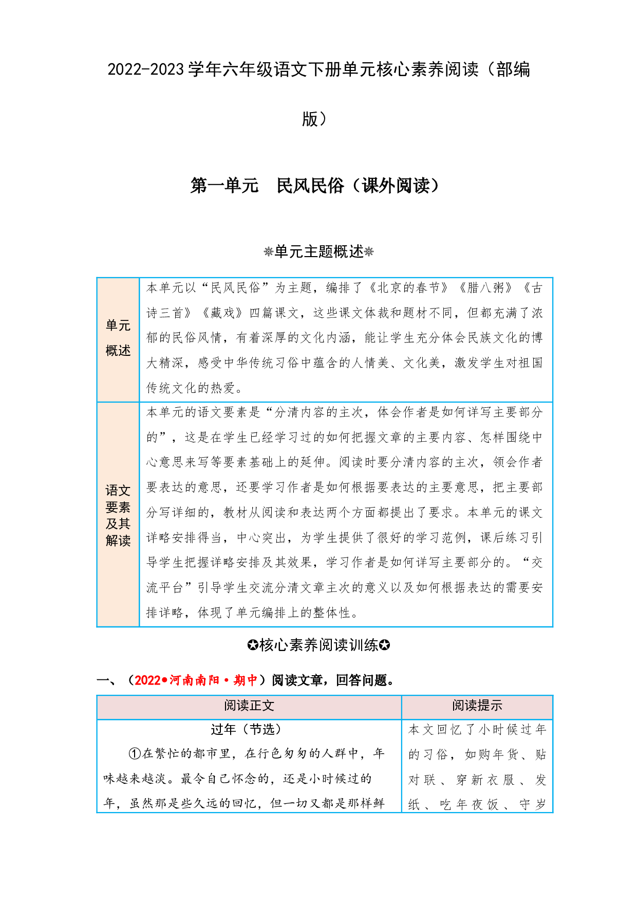 第一单元 民风民俗（课外阅读）-2022-2023学年六年级语文下册单元核心素养阅读（部编版）.docx 第1页