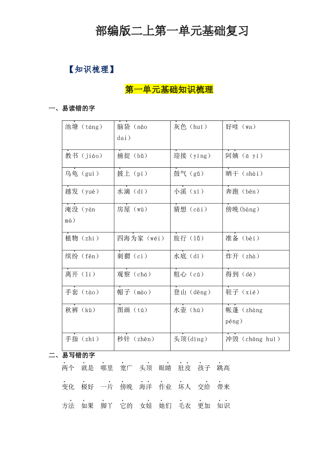 第1单元基础复习（知识梳理+检测）二年级语文上册  部编版.docx 第1页