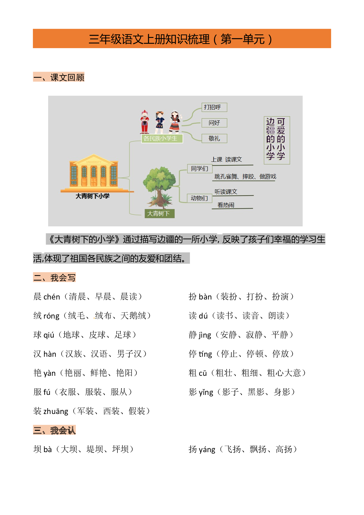 第1单元基础复习（知识梳理+检测）三年级语文上册 部编版.docx 第1页