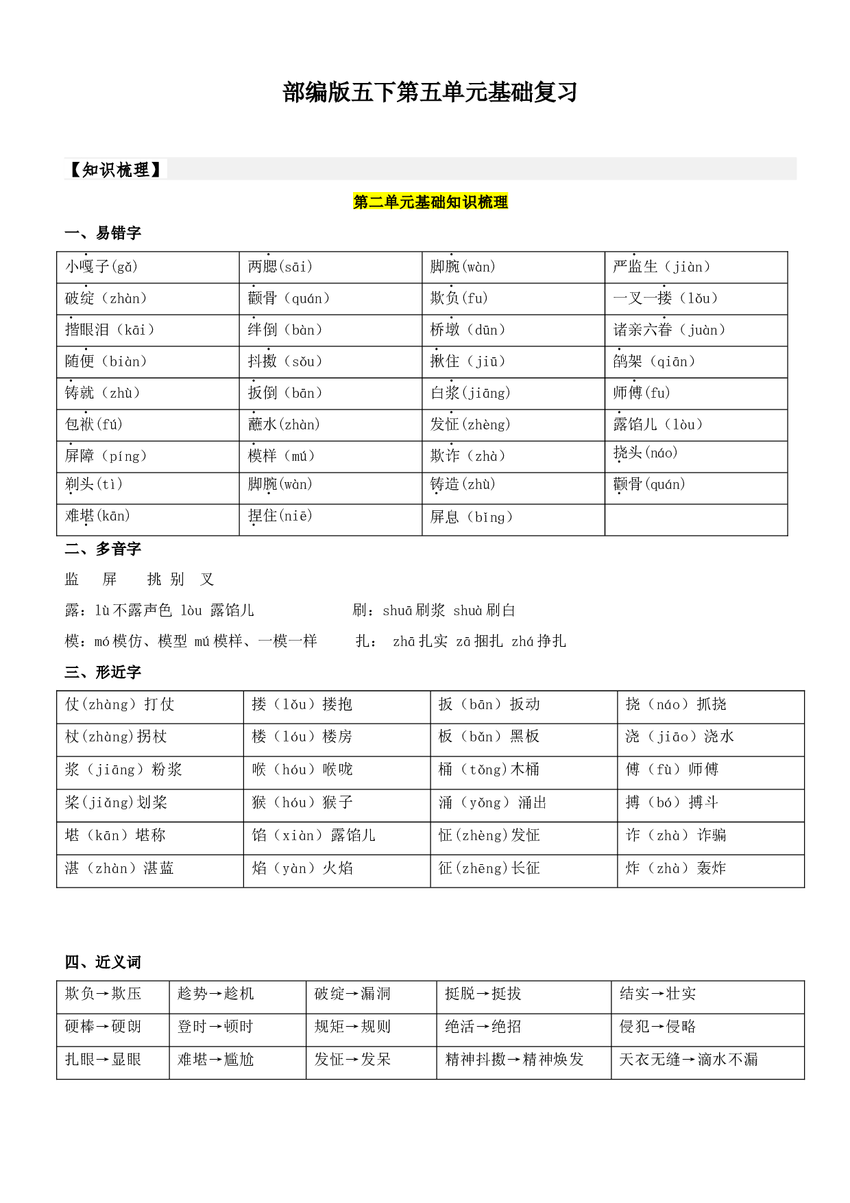 第5单元基础复习（知识梳理+检测）五年级语文下册  部编版.docx 第1页