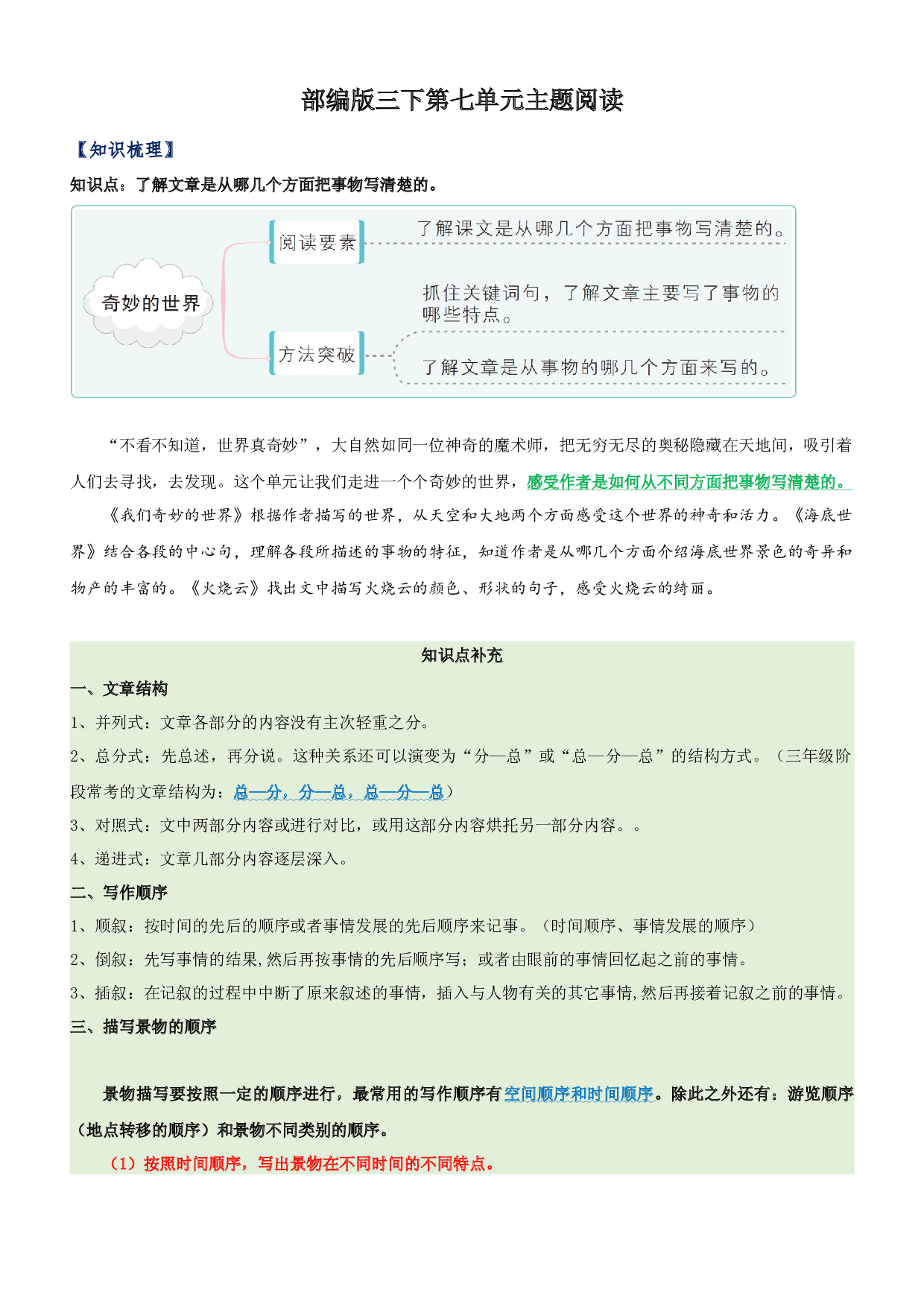 第7单元主题阅读（知识梳理+精选阅读）三年级语文下册 部编版.docx 第1页