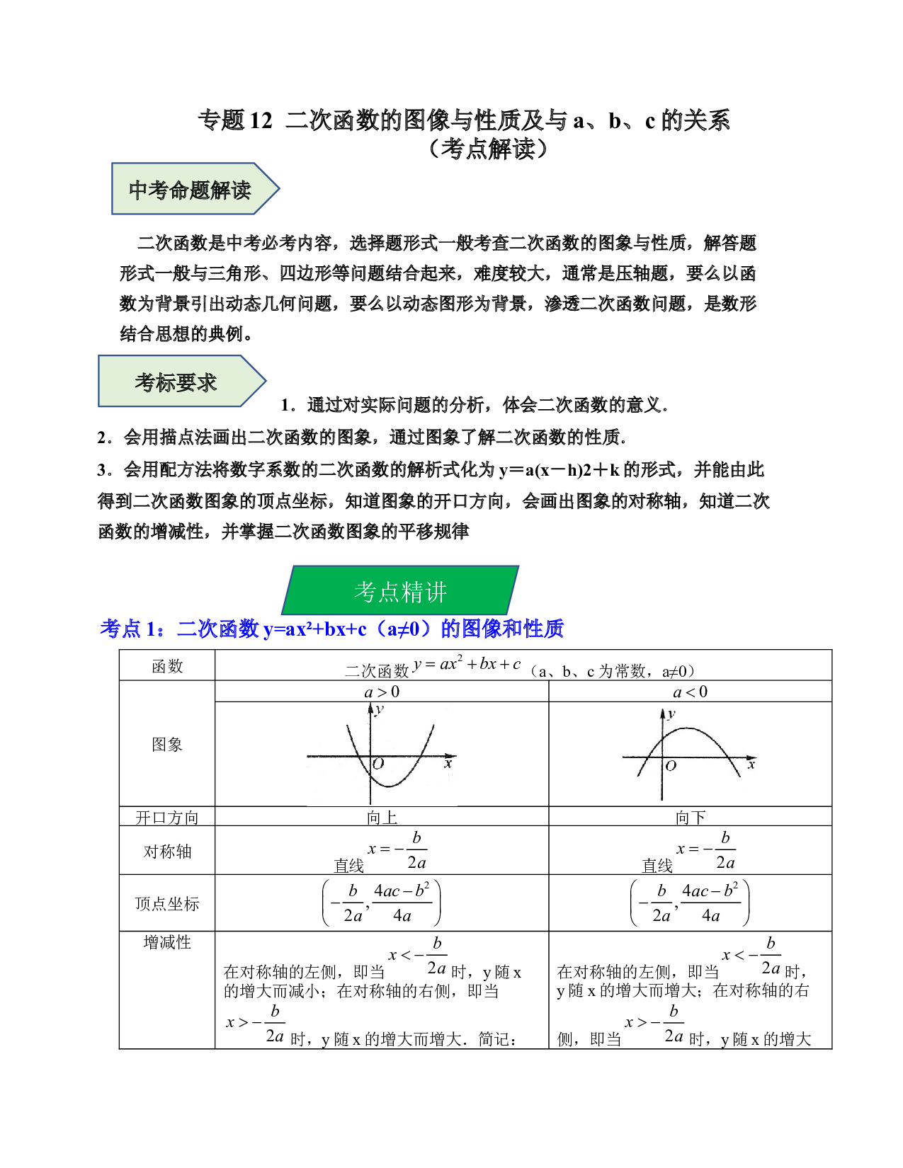 12 二次函数的图像与性质及与a、b、c的关系（考点解读）-2023年中考数学第一轮复习《考点解读&bull;分层精练》（全国通用）(含参考答案).docx 第1页