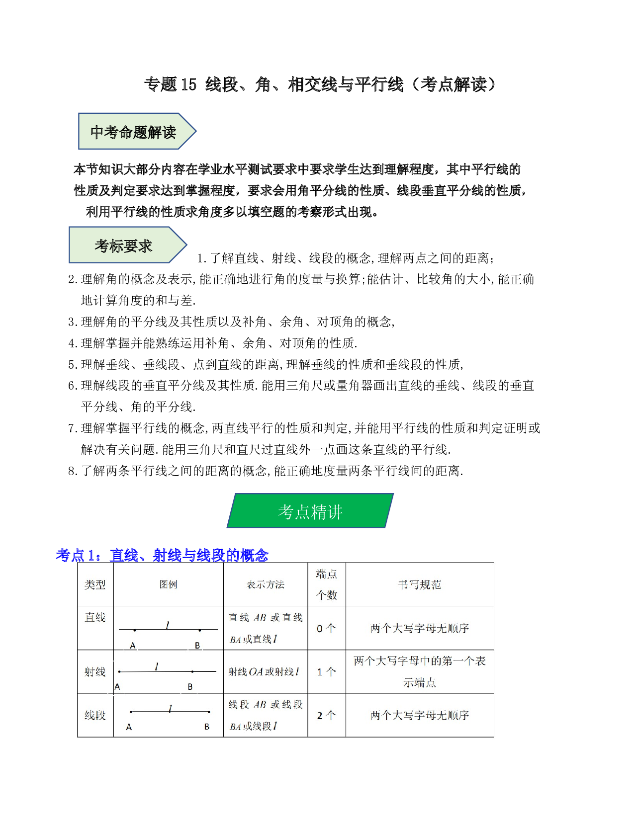 15 线段、角、相交线与平行线（考点解读）-2023年中考数学第一轮复习《考点解读&bull;分层精练》（全国通用）(含参考答案).docx 第1页