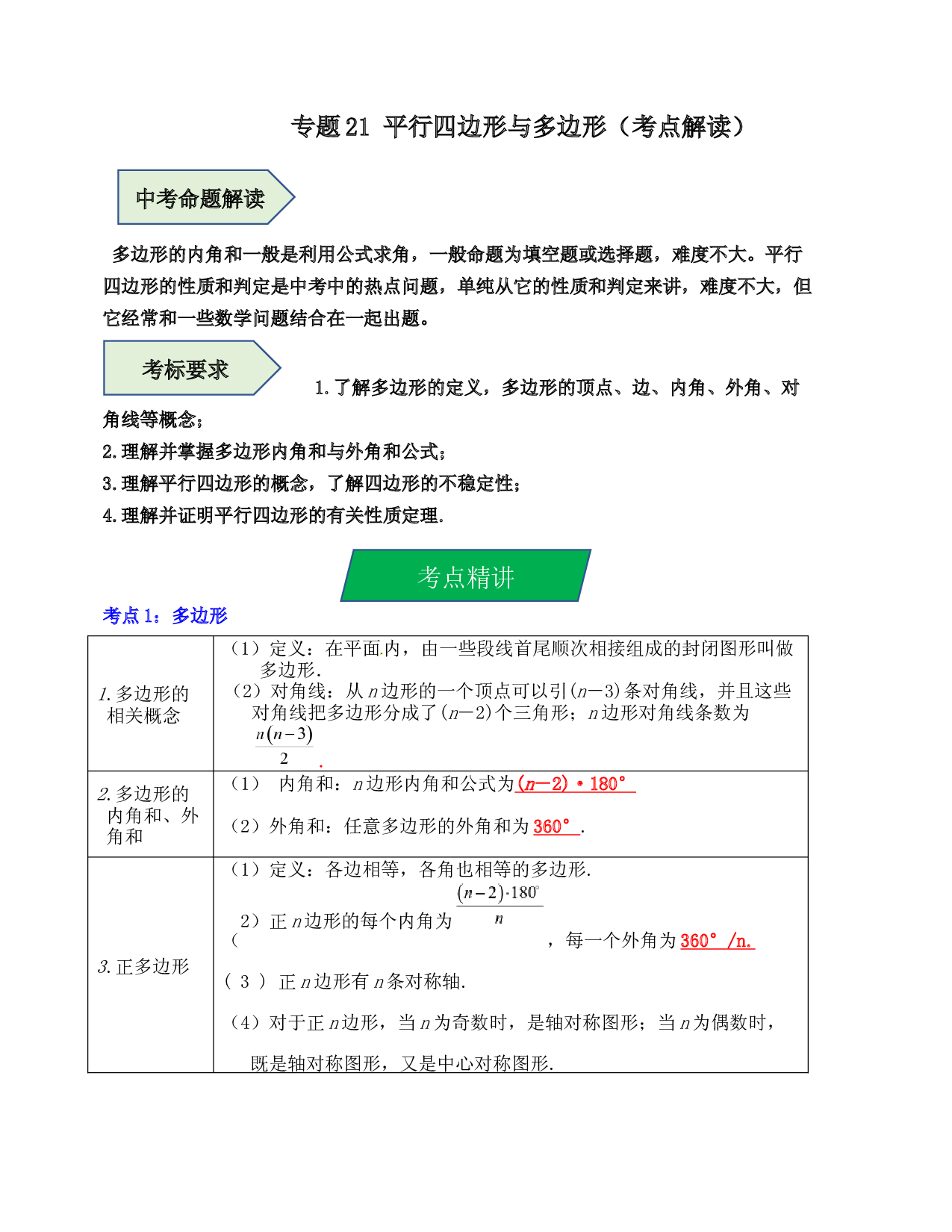 21 平行四边形与多边形（考点解读）-2023年中考数学第一轮复习《考点解读&bull;分层精练》（原卷全国通用）.docx 第1页