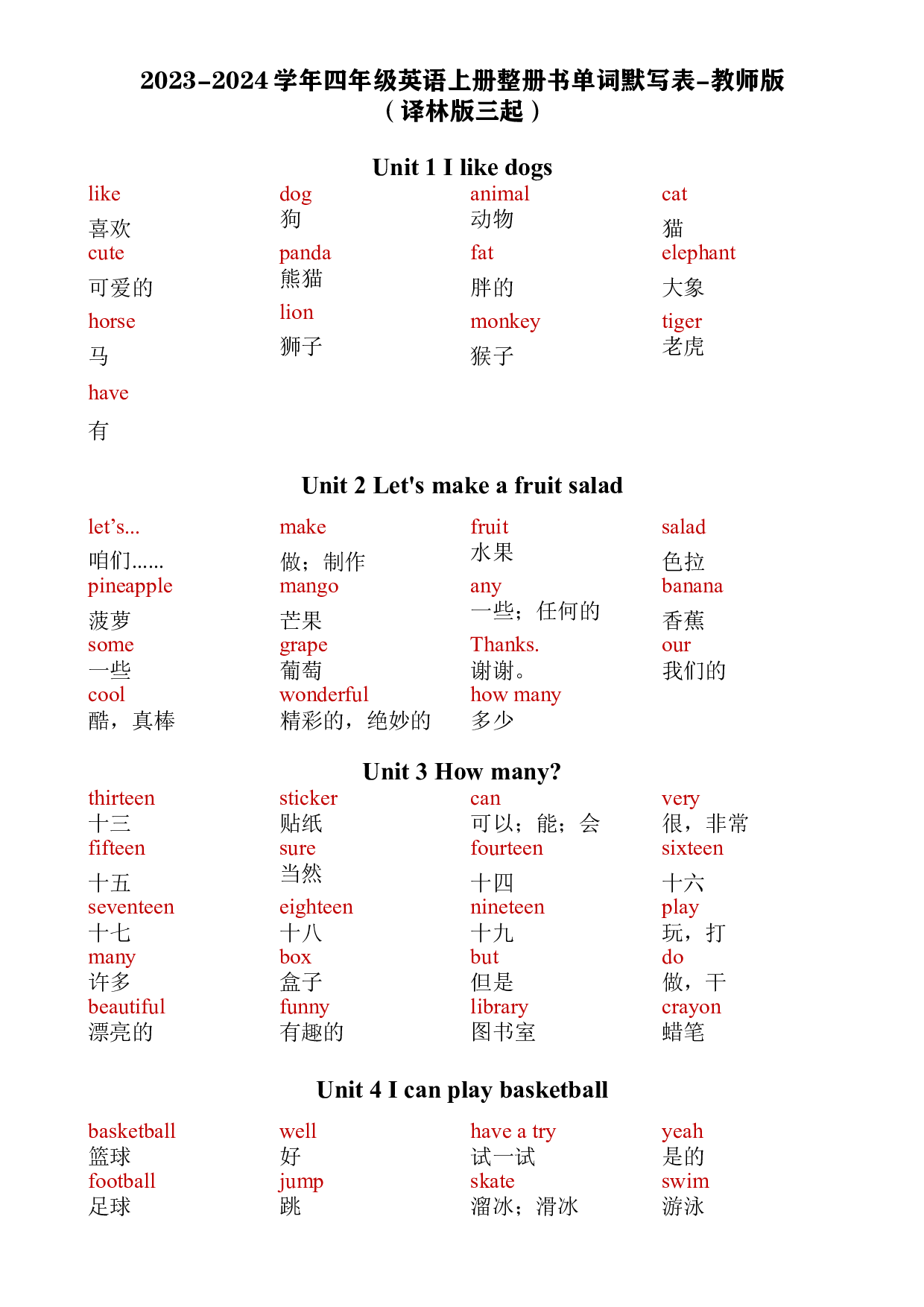 2023-2024学年四年级英语上册整册书单词默写表-教师版（译林版三起）.docx 第1页